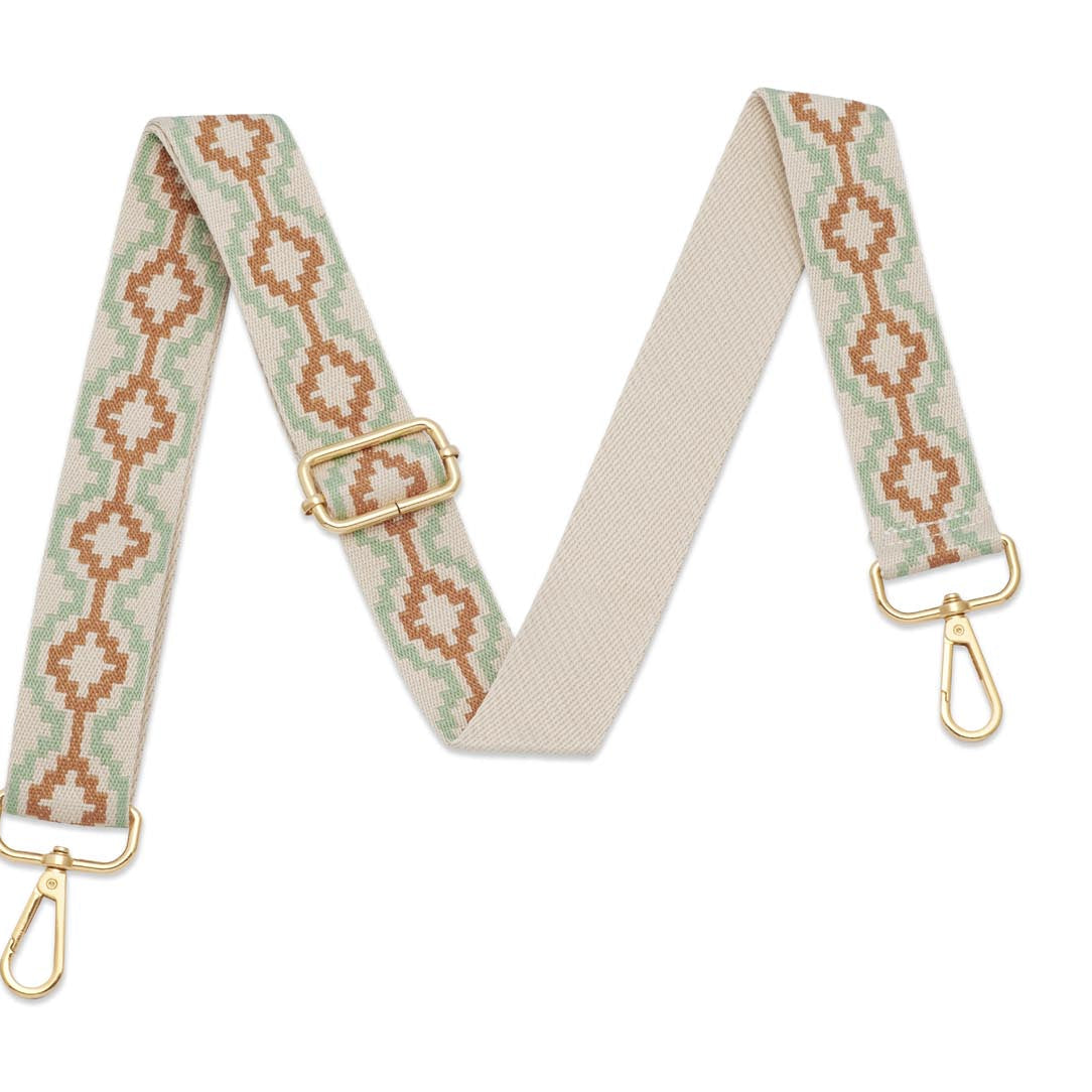 Crossbody Strap - Geo Print Strap in Tan and Green (Gold Hardware) | Betsy & Floss
