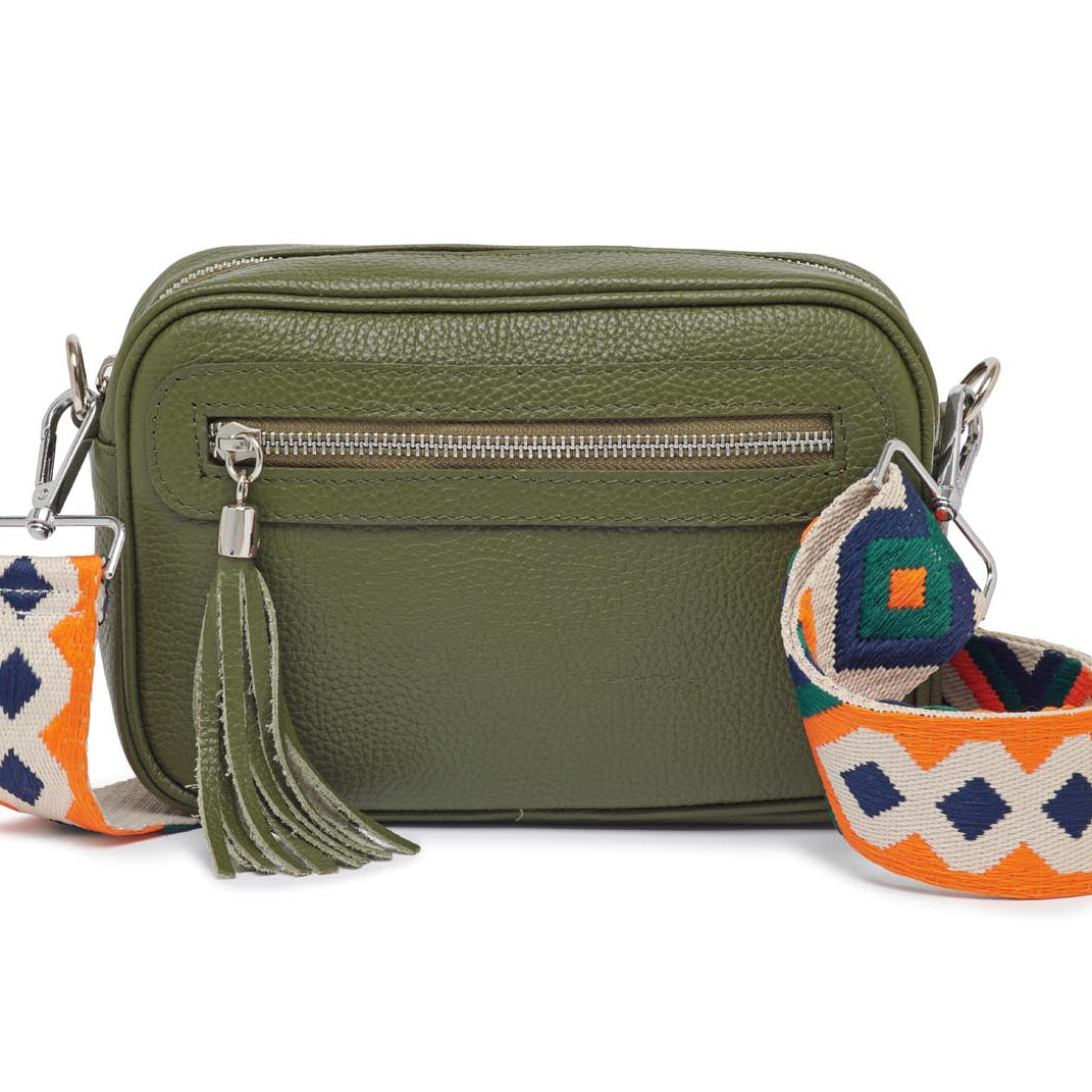 Florence - Crossbody Bag in Olive with Blue and Orange Bohemian Strap | Betsy & Floss