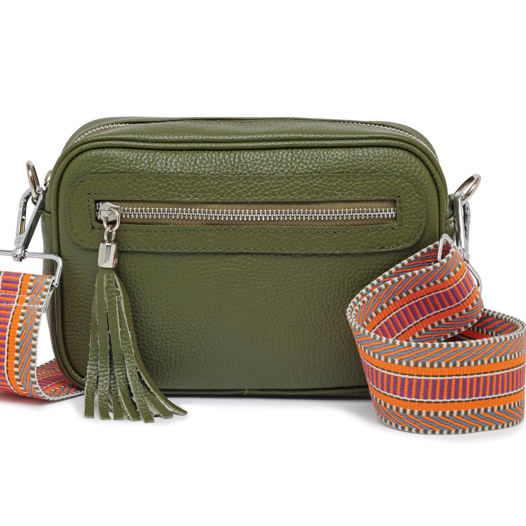 Florence - Crossbody Bag in Olive with Orange Aztec Strap | Betsy & Floss