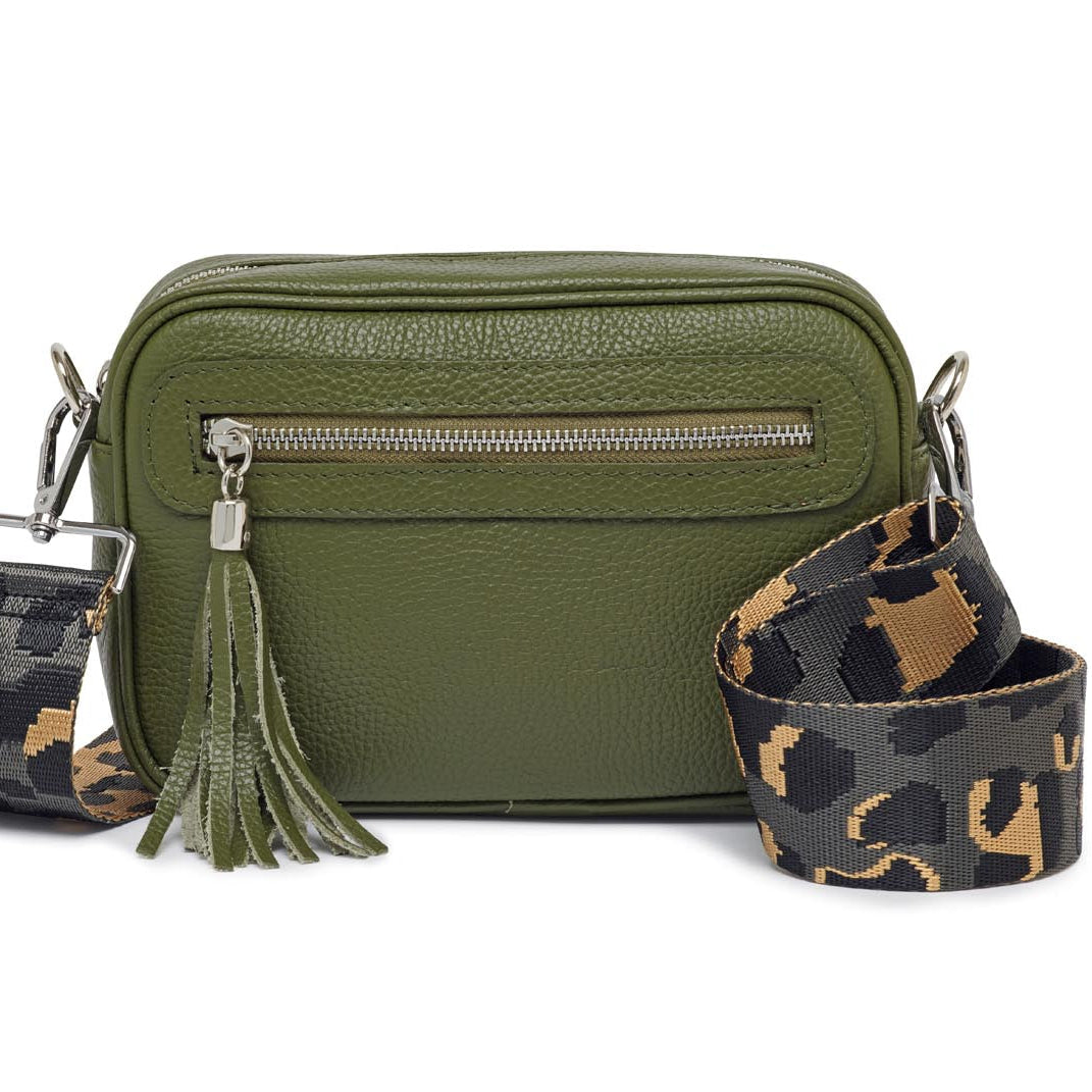Florence - Crossbody Bag in Olive with Dark Leopard Strap | Betsy & Floss