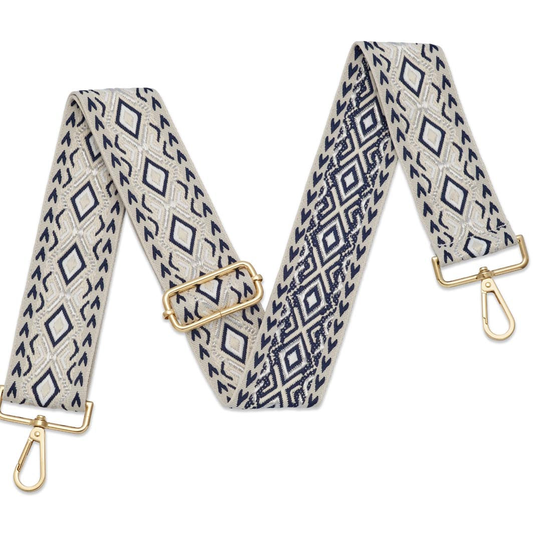 Crossbody Strap - Diamond Patterned Strap in Cream and Navy (Gold Hardware) | Betsy & Floss