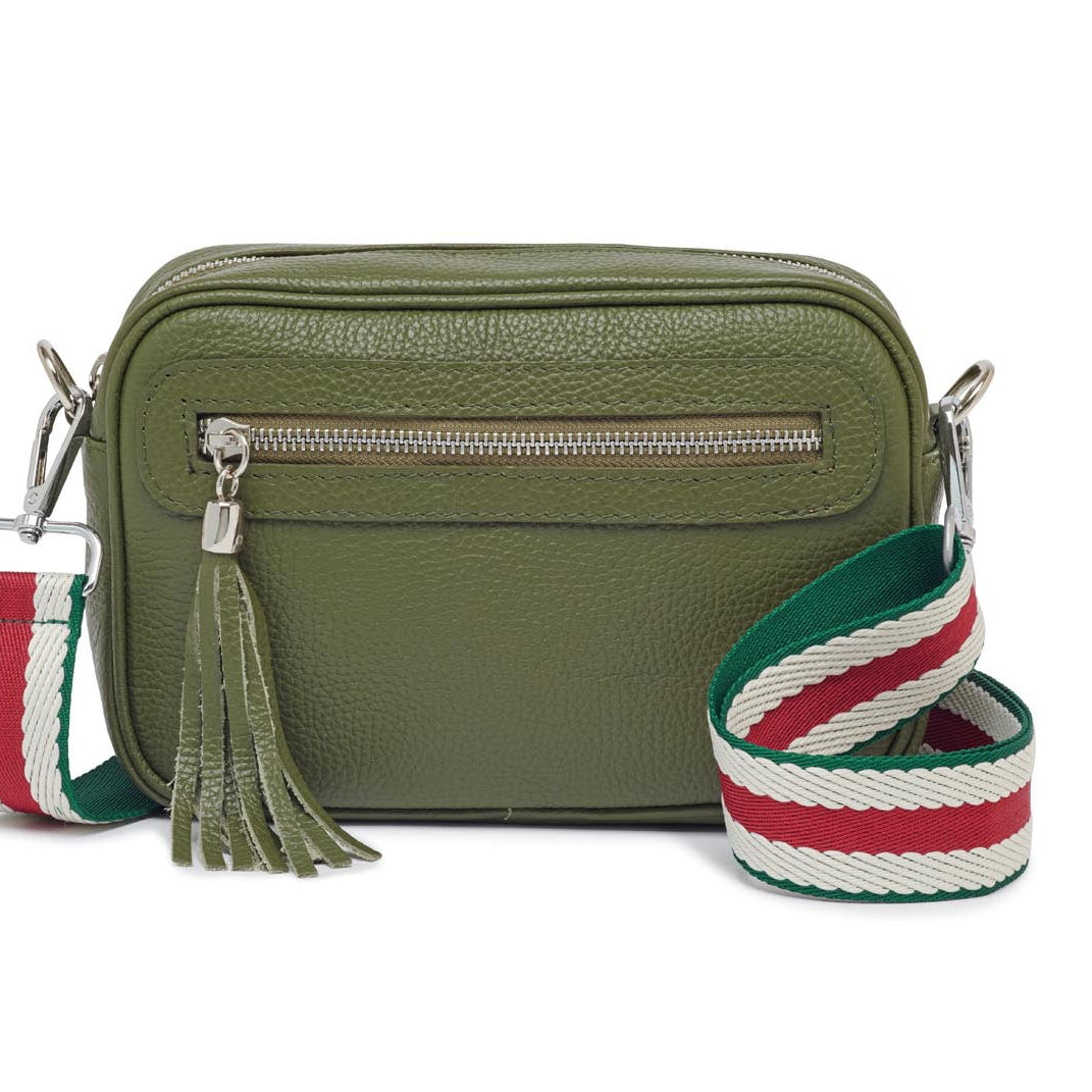 Florence - Crossbody Bag in Olive with Green Stripe Strap | Betsy & Floss
