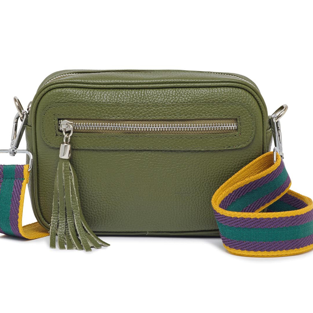 Florence - Crossbody Bag in Olive with Purple Stripe Strap | Betsy & Floss