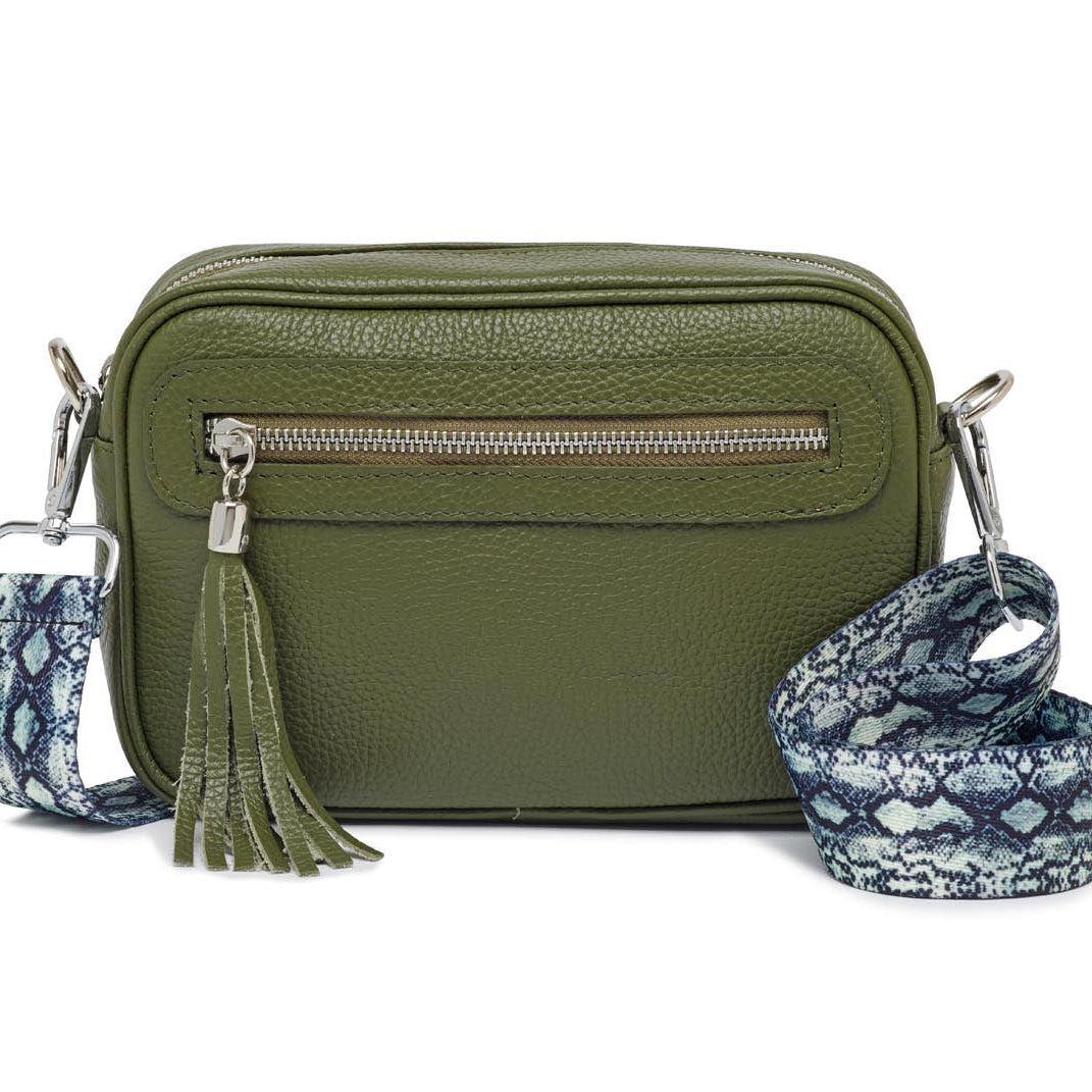 Florence - Crossbody Bag in Olive with Snake Print Strap | Betsy & Floss