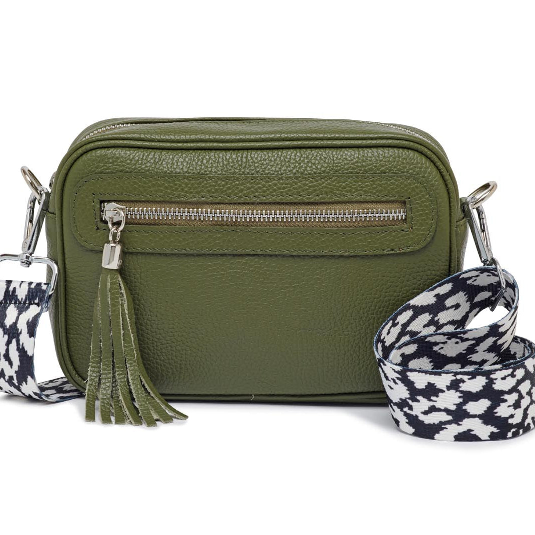 Florence - Crossbody Bag in Olive with Black and White Leopard Strap | Betsy & Floss