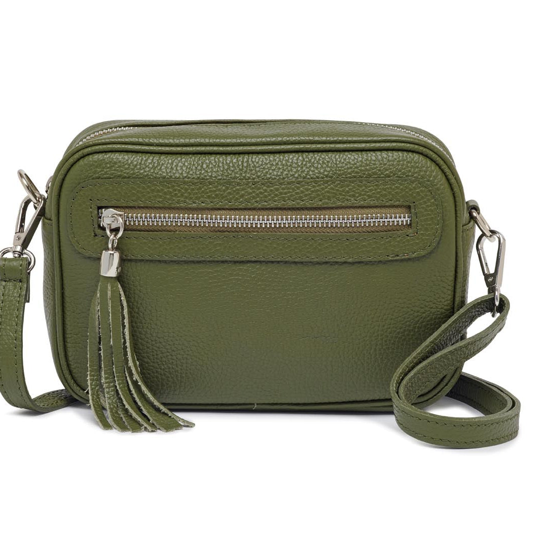 Florence - Crossbody Bag in Olive with Green Stripe Strap | Betsy & Floss