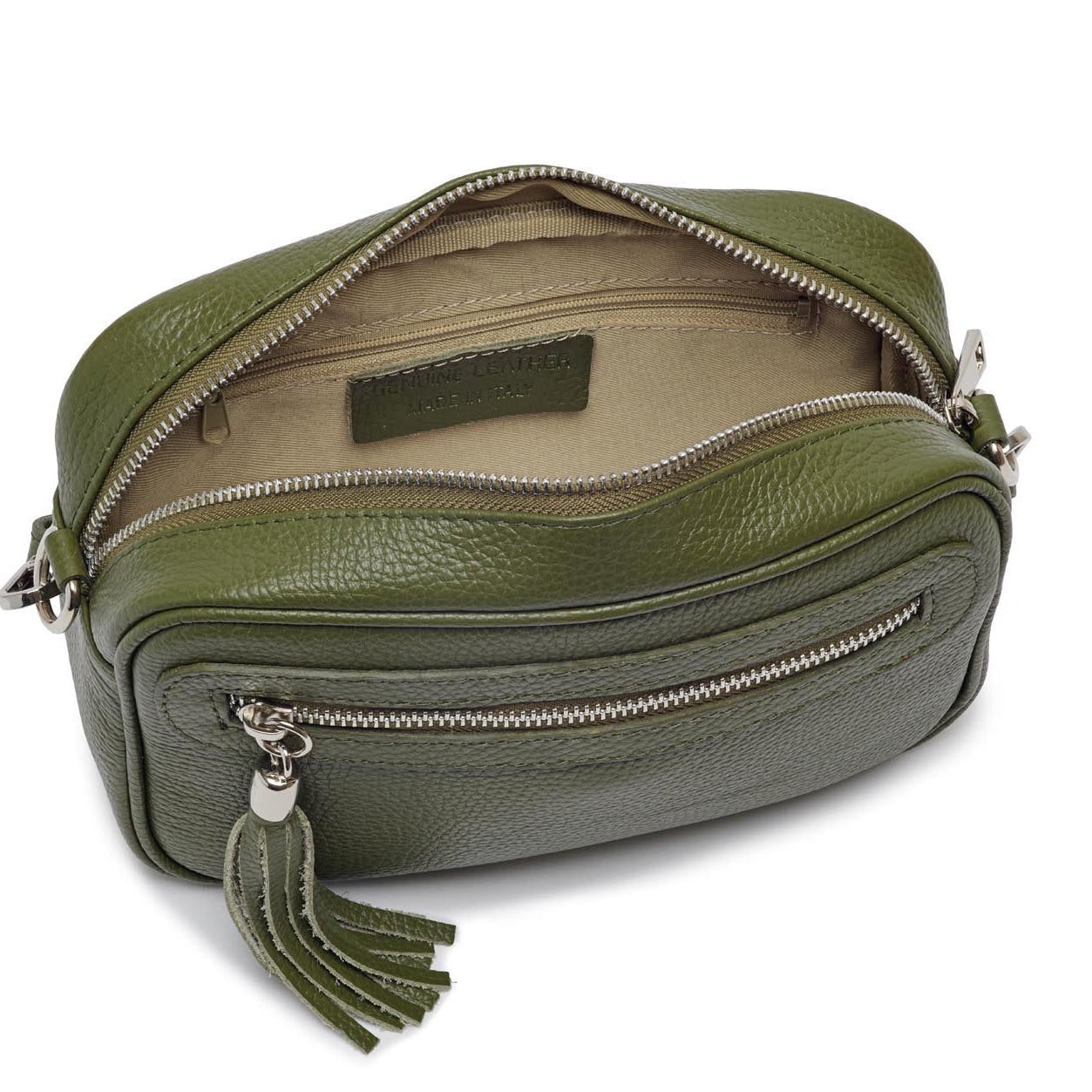 Florence - Crossbody Bag in Olive with Green Stripe Strap | Betsy & Floss