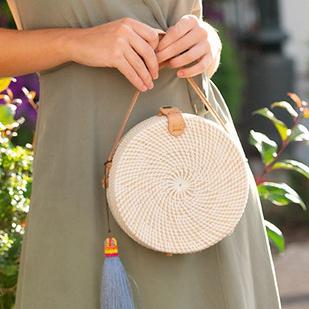 Santorini Round Basket Bag Tan Leather Strap | Betsy & Floss