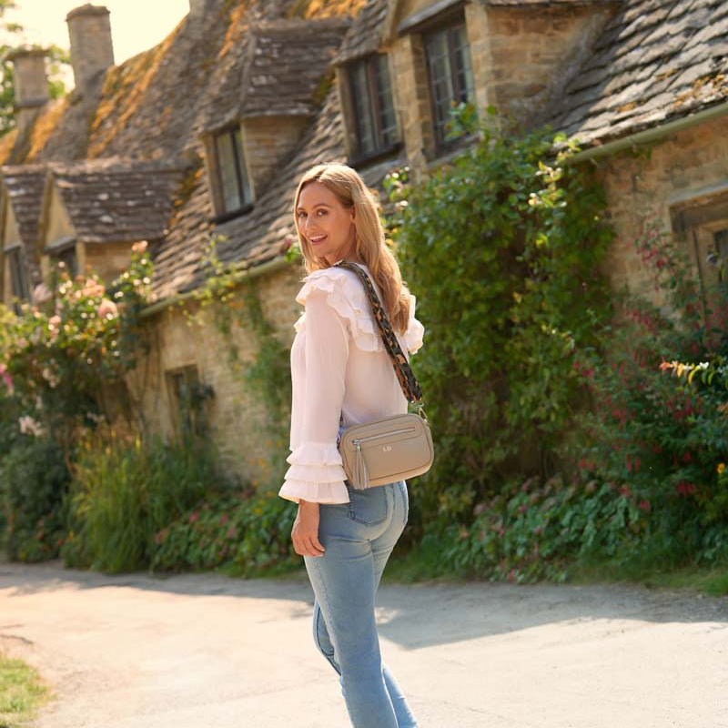 Florence Crossbody Bag in Beige with Light Pink Leopard Print Strap Beige | Betsy & Floss