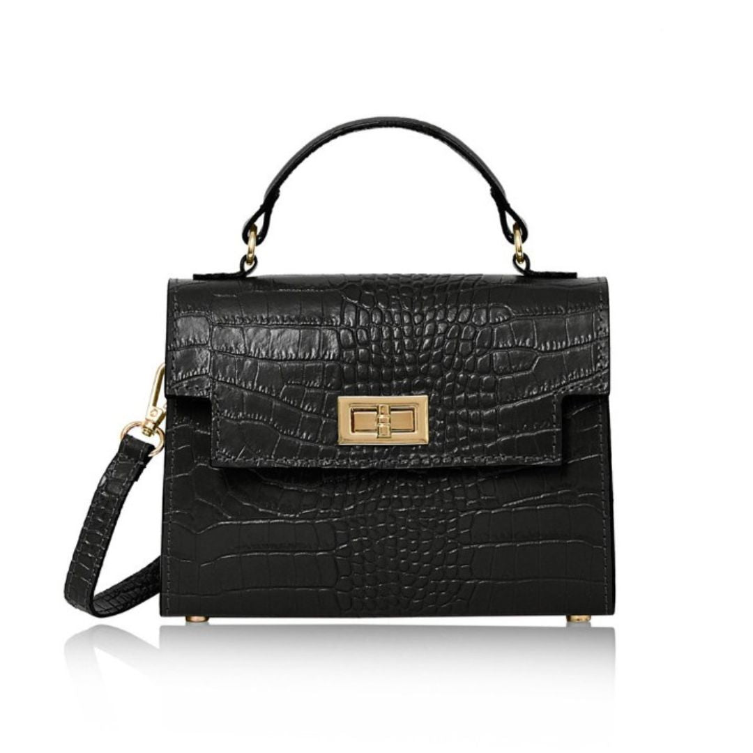 Ardea Croc Top Handle Handbag Black | Betsy & Floss