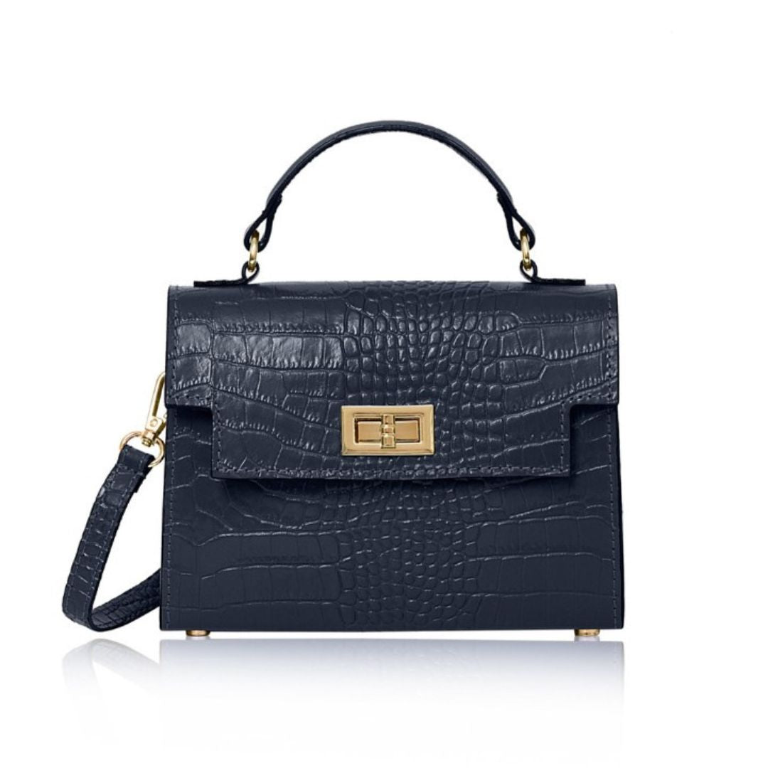 Ardea Croc Top Handle Handbag Navy Blue | Betsy & Floss