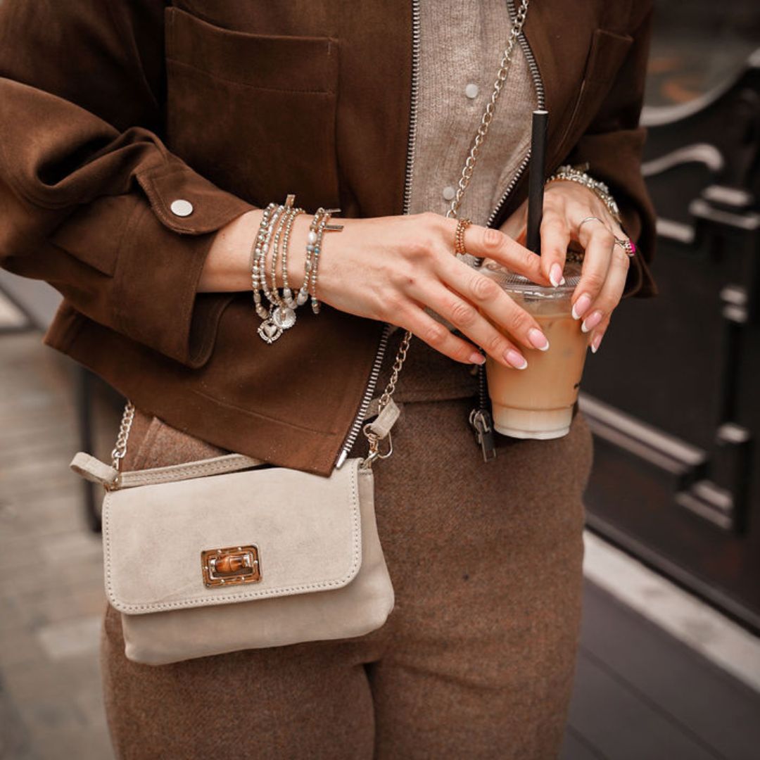 Cori Suede Handbag and Clutch Bag Light Chocolate | Betsy & Floss