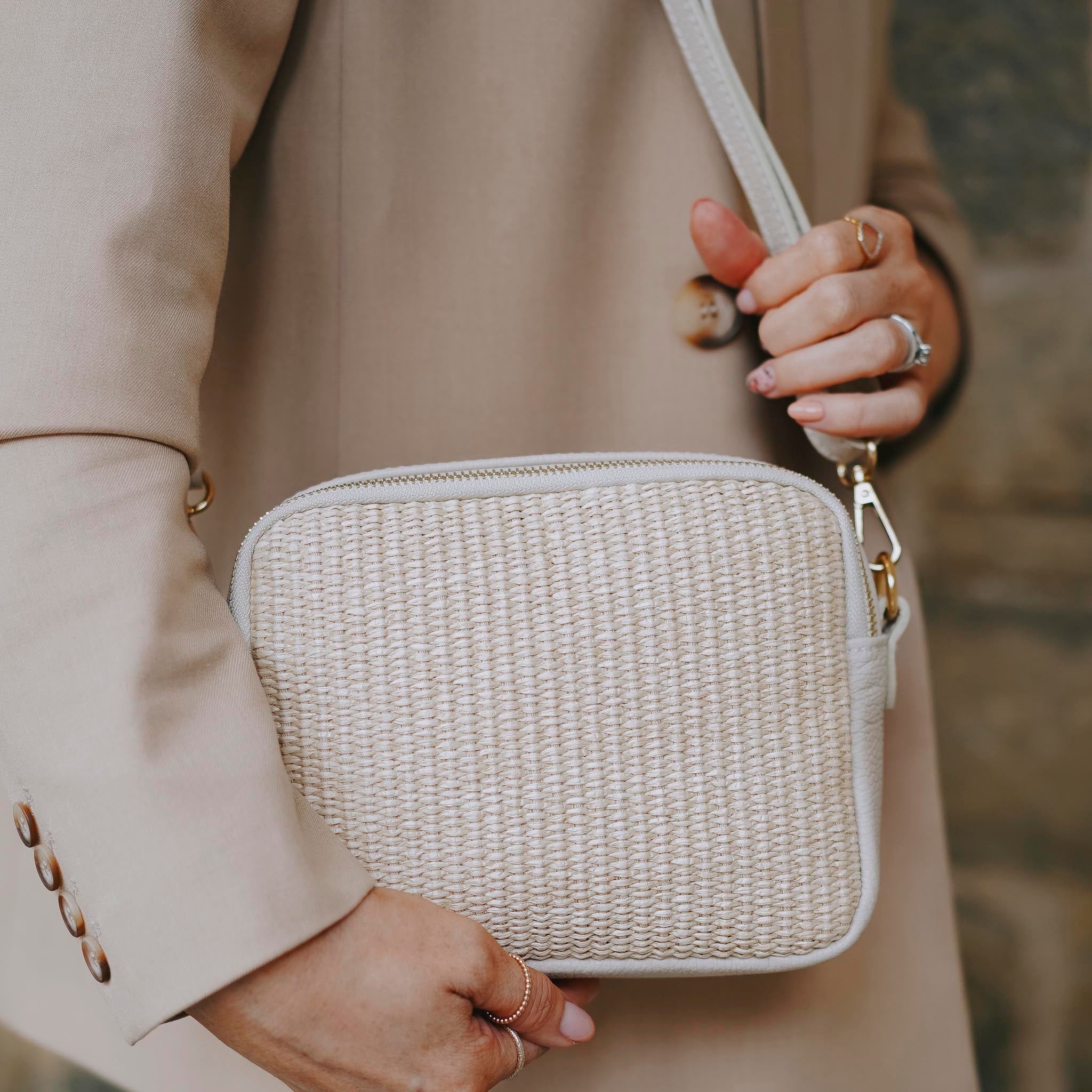 Maya Raffia Straw and Leather Crossbody Bag Denim Blue | Betsy & Floss