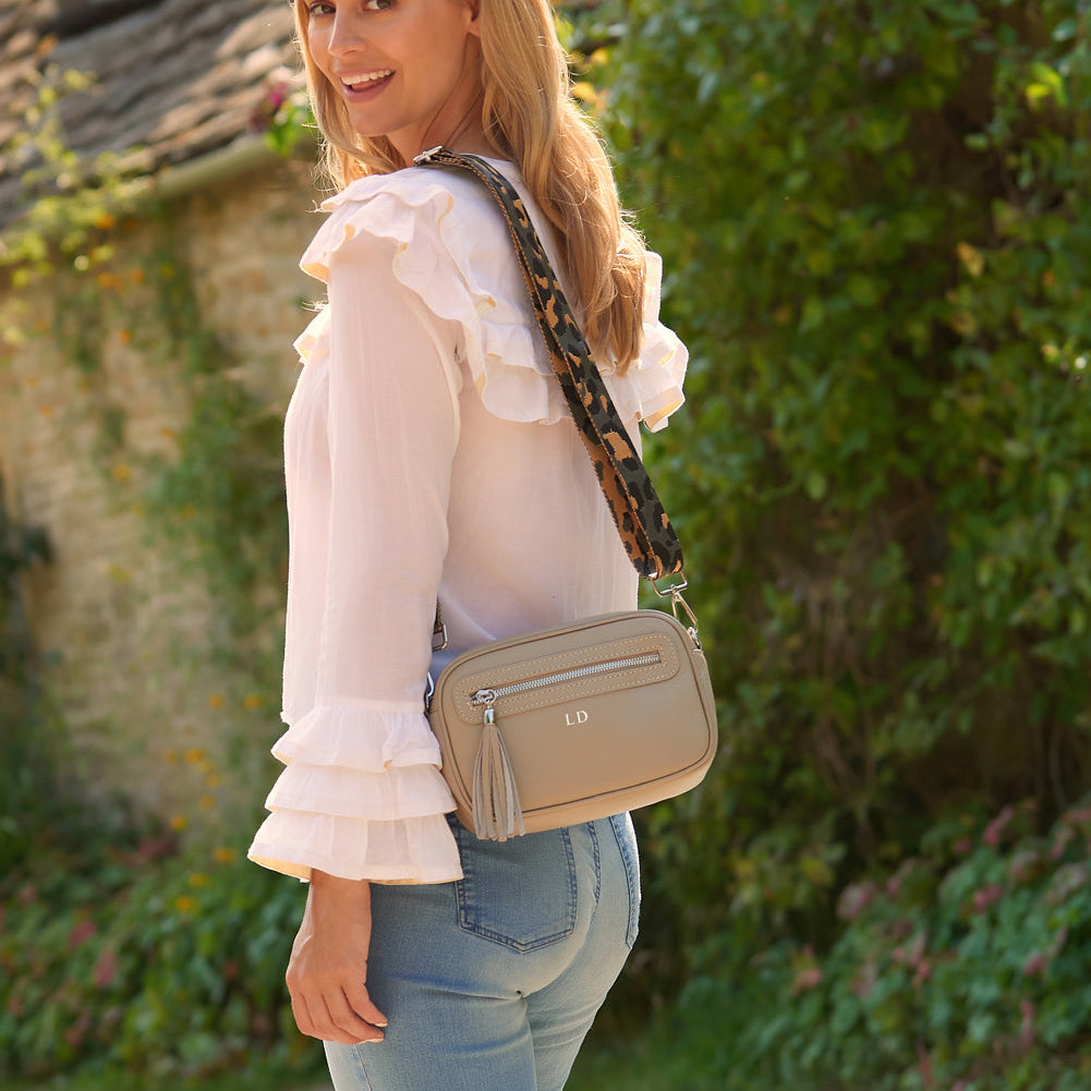 Florence Crossbody Bag in Beige with Dark Leopard Print Strap Beige | Betsy & Floss