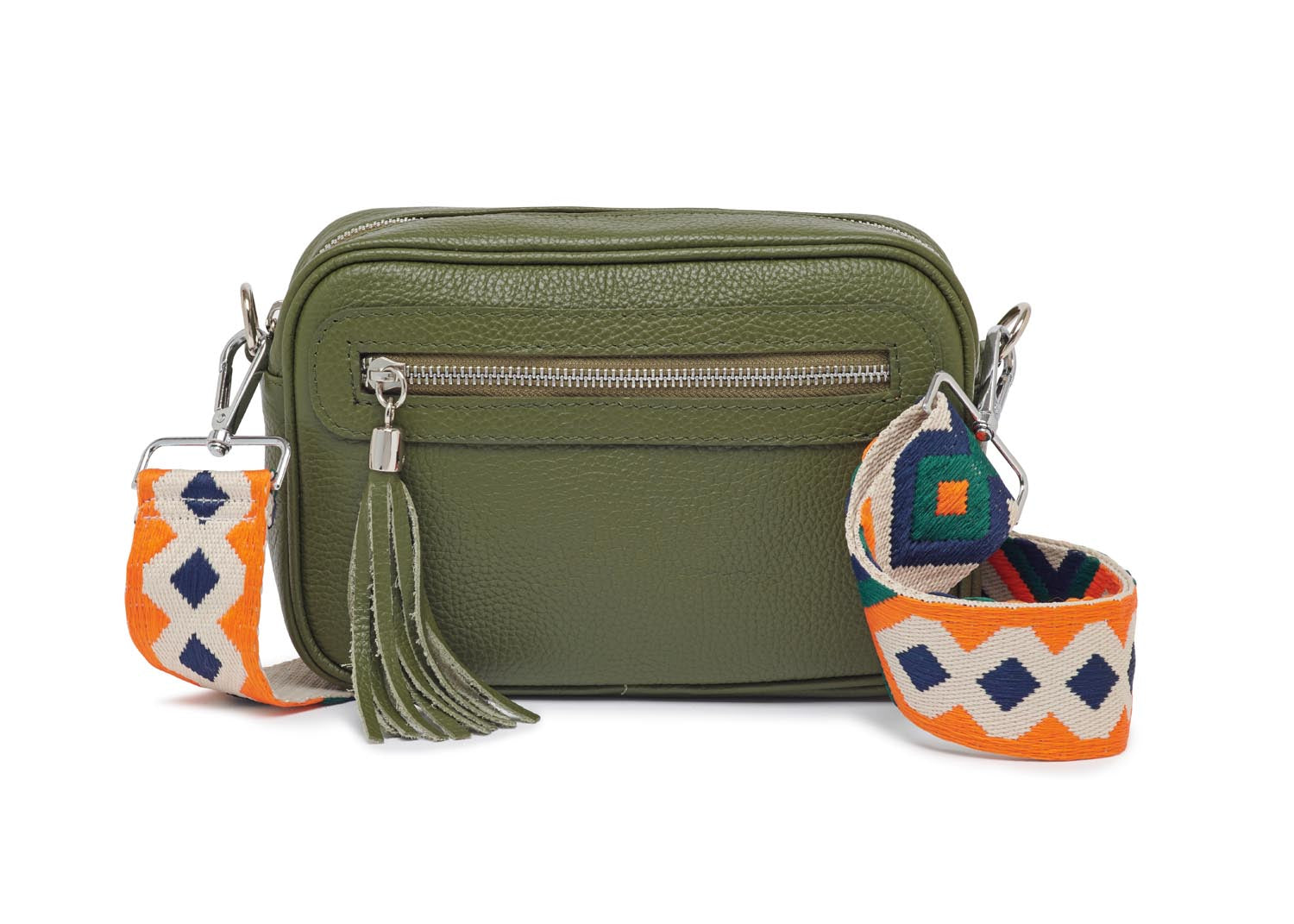 Florence - Crossbody Bag in Olive with Blue and Orange Bohemian Strap | Betsy & Floss