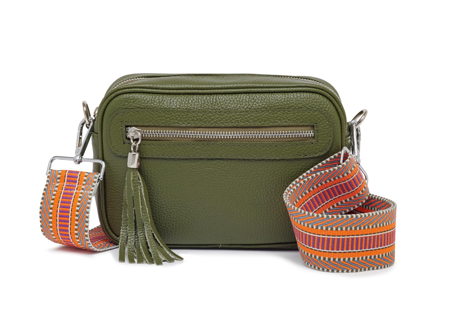 Florence - Crossbody Bag in Olive with Orange Aztec Strap | Betsy & Floss