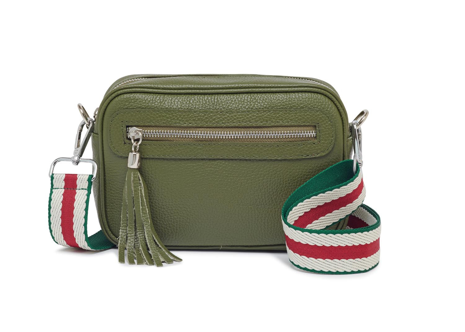 Florence - Crossbody Bag in Olive with Green Stripe Strap | Betsy & Floss