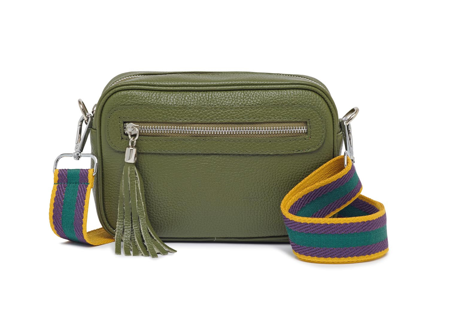 Florence - Crossbody Bag in Olive with Purple Stripe Strap | Betsy & Floss