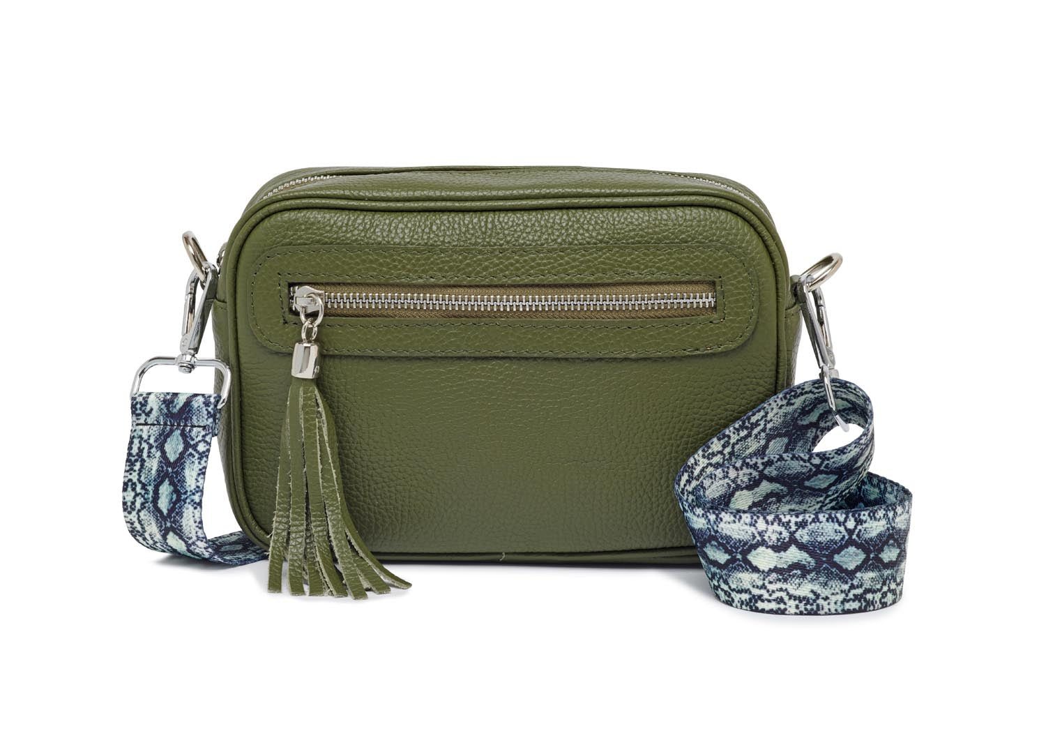 Florence - Crossbody Bag in Olive with Snake Print Strap | Betsy & Floss