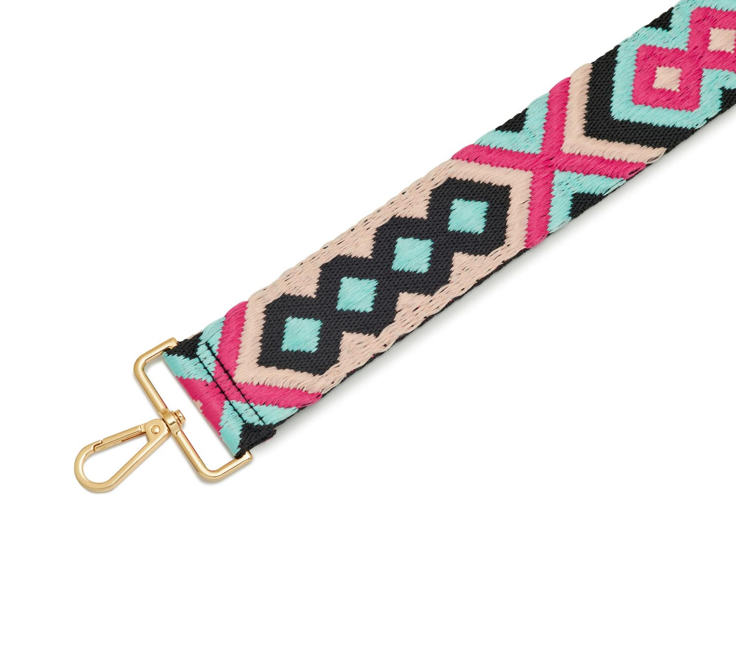 Crossbody Strap - Aqua and Pink Bohemian Print (Gold Hardware) | Betsy & Floss