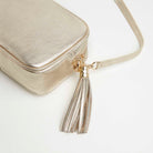 Verona Crossbody Gold Tassel Bag With Black and White Chevron Strap Gold | Betsy & Floss