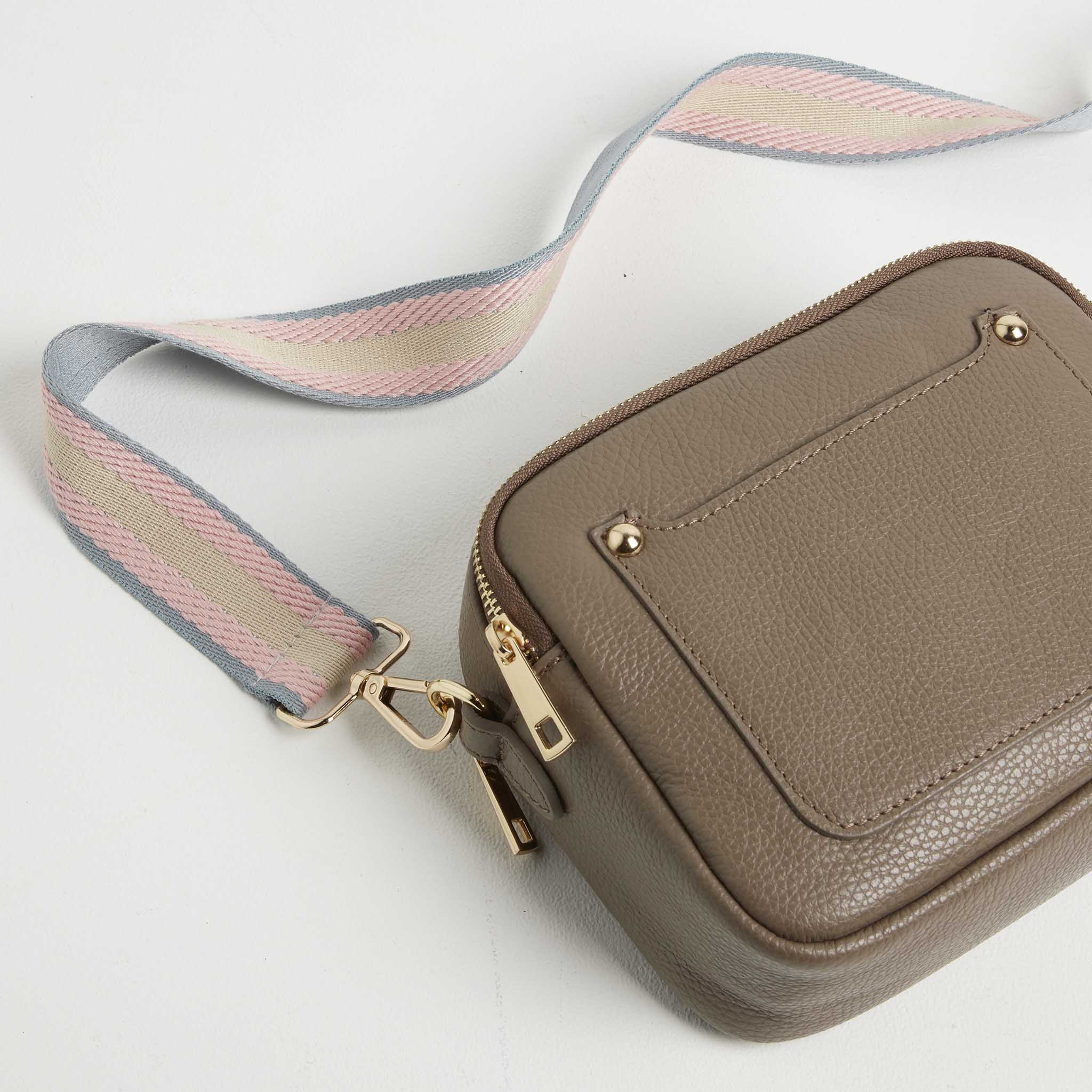 Sienna Crossbody Bag in Dark Taupe with Pastel Strap Dark Taupe | Betsy & Floss