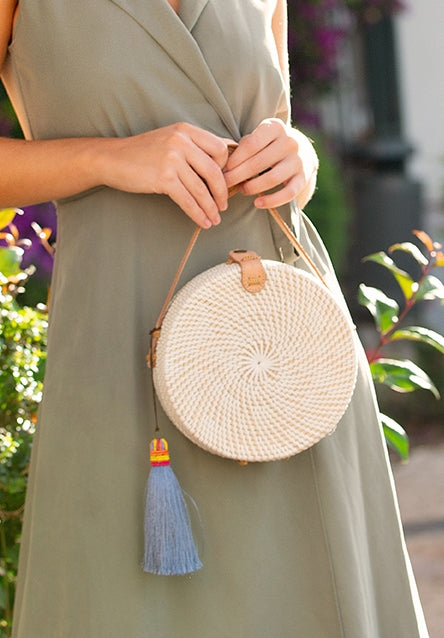 Santorini Round Basket Bag Tan Leather Strap | Betsy & Floss