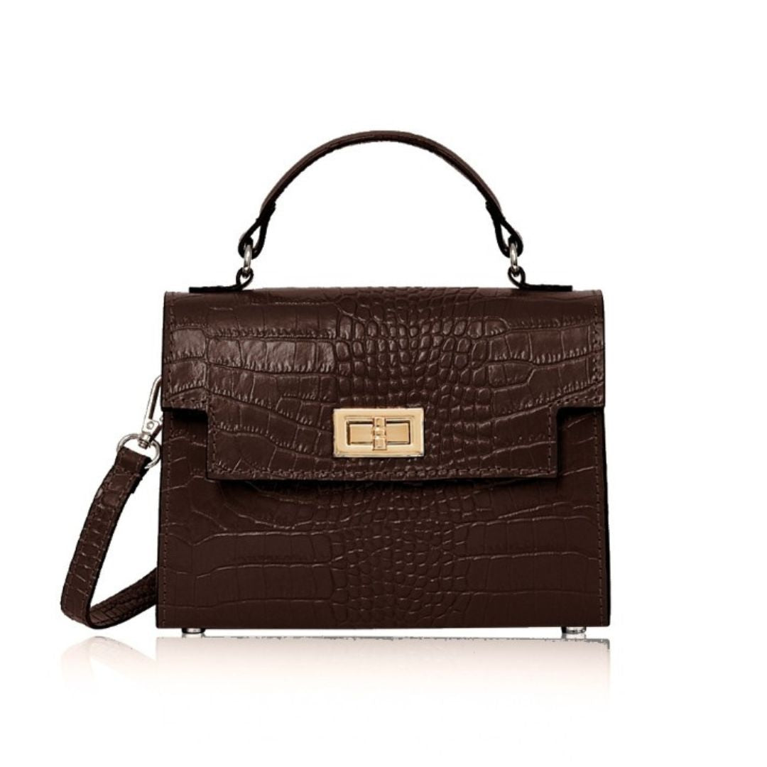 Ardea Croc Top Handle Handbag Chocolate Brown | Betsy & Floss