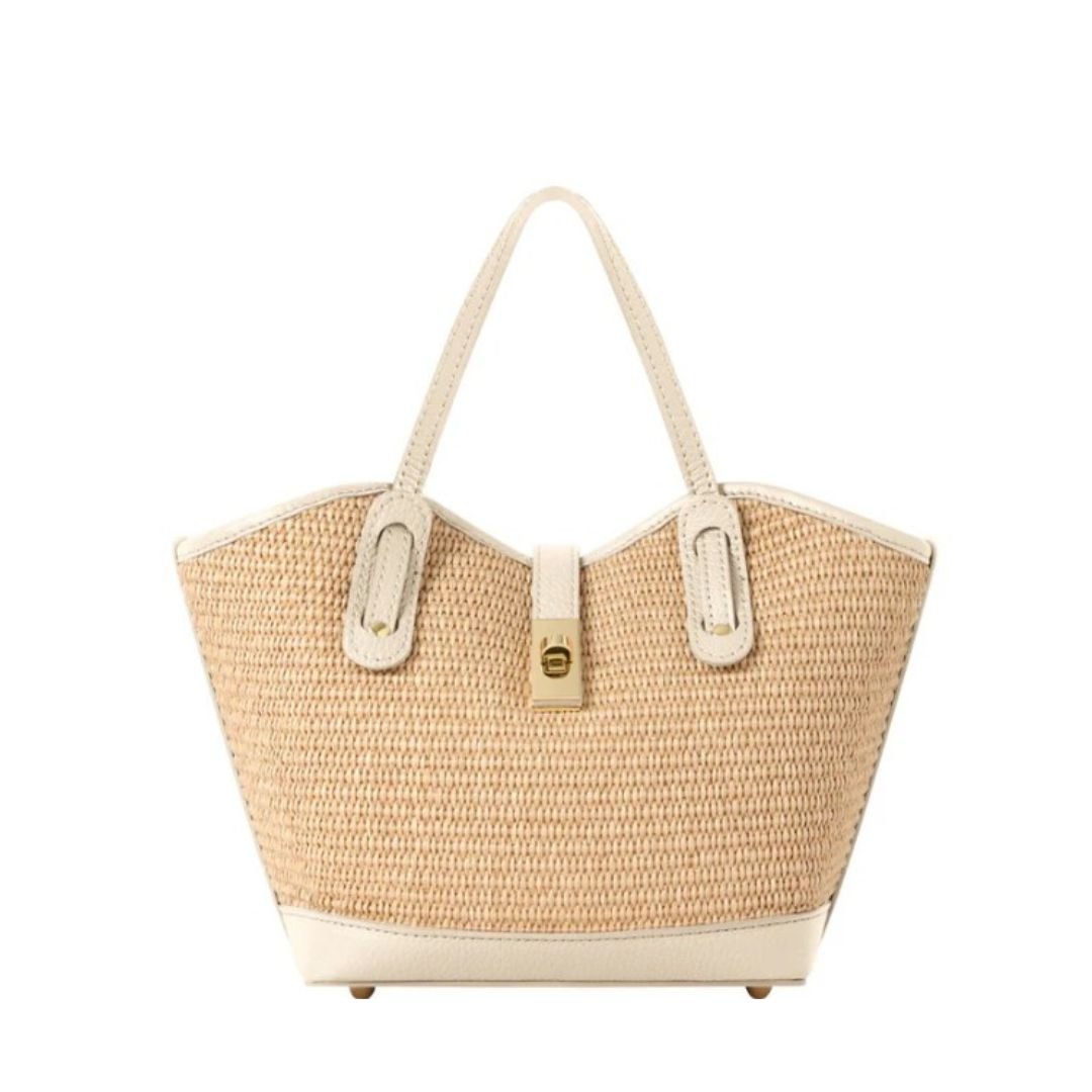 Bari Raffia Basket Bag With Contrast Leather Trim Cream | Betsy & Floss