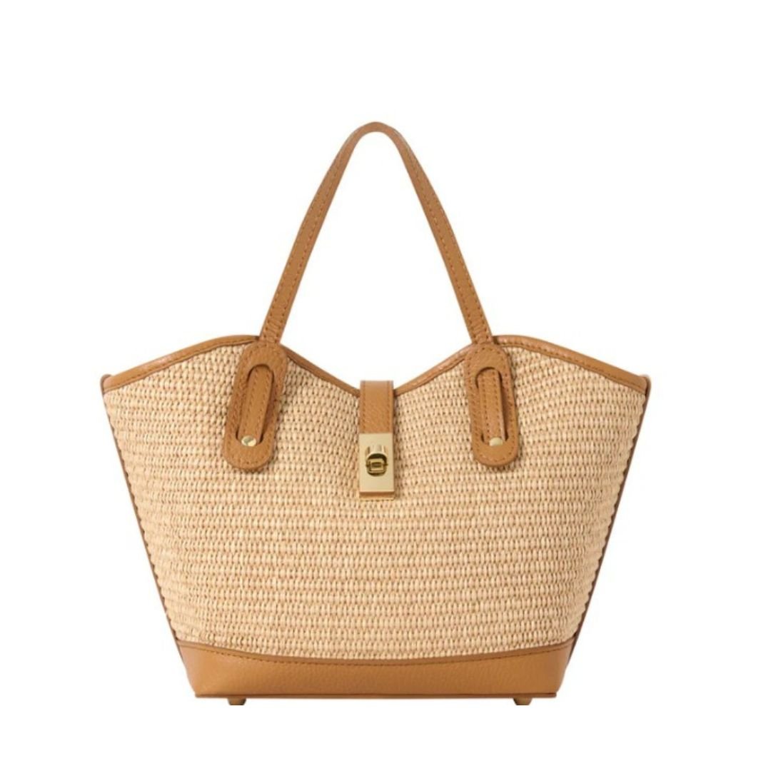 Bari Raffia Basket Bag With Contrast Leather Trim Tan | Betsy & Floss