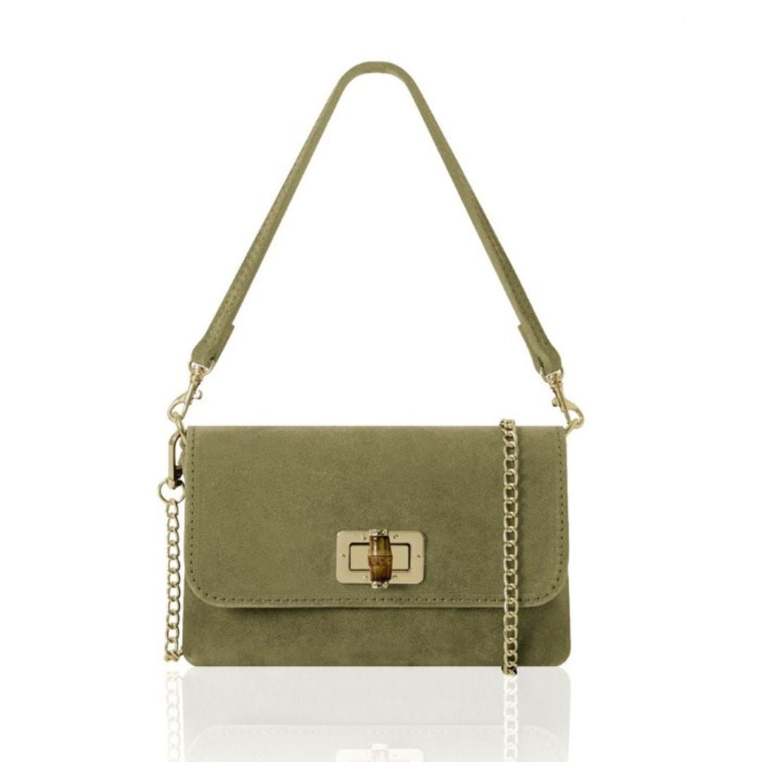 Cori Suede Handbag and Clutch Bag Olive Green | Betsy & Floss