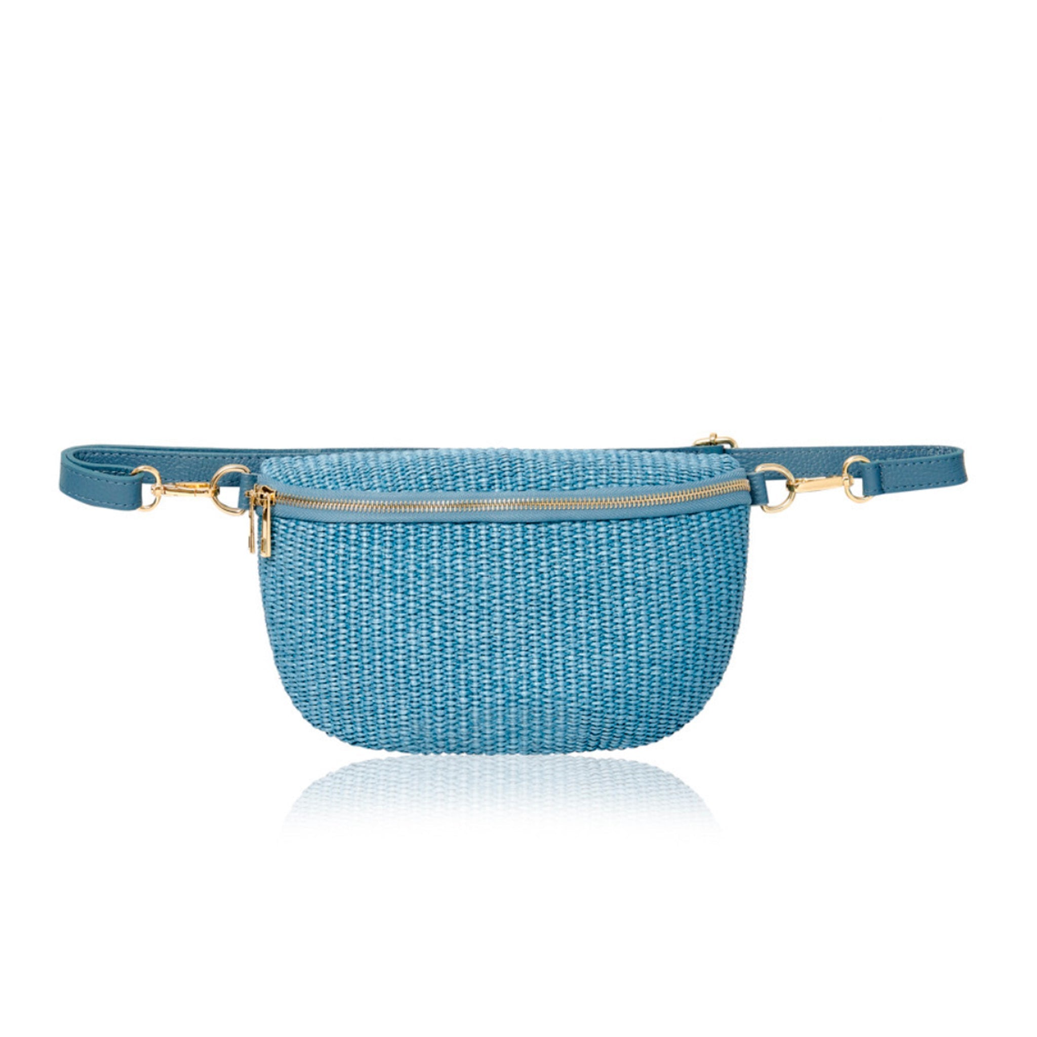 Enna Raffia Crossbody and Waist Bag Denim Blue | Betsy & Floss