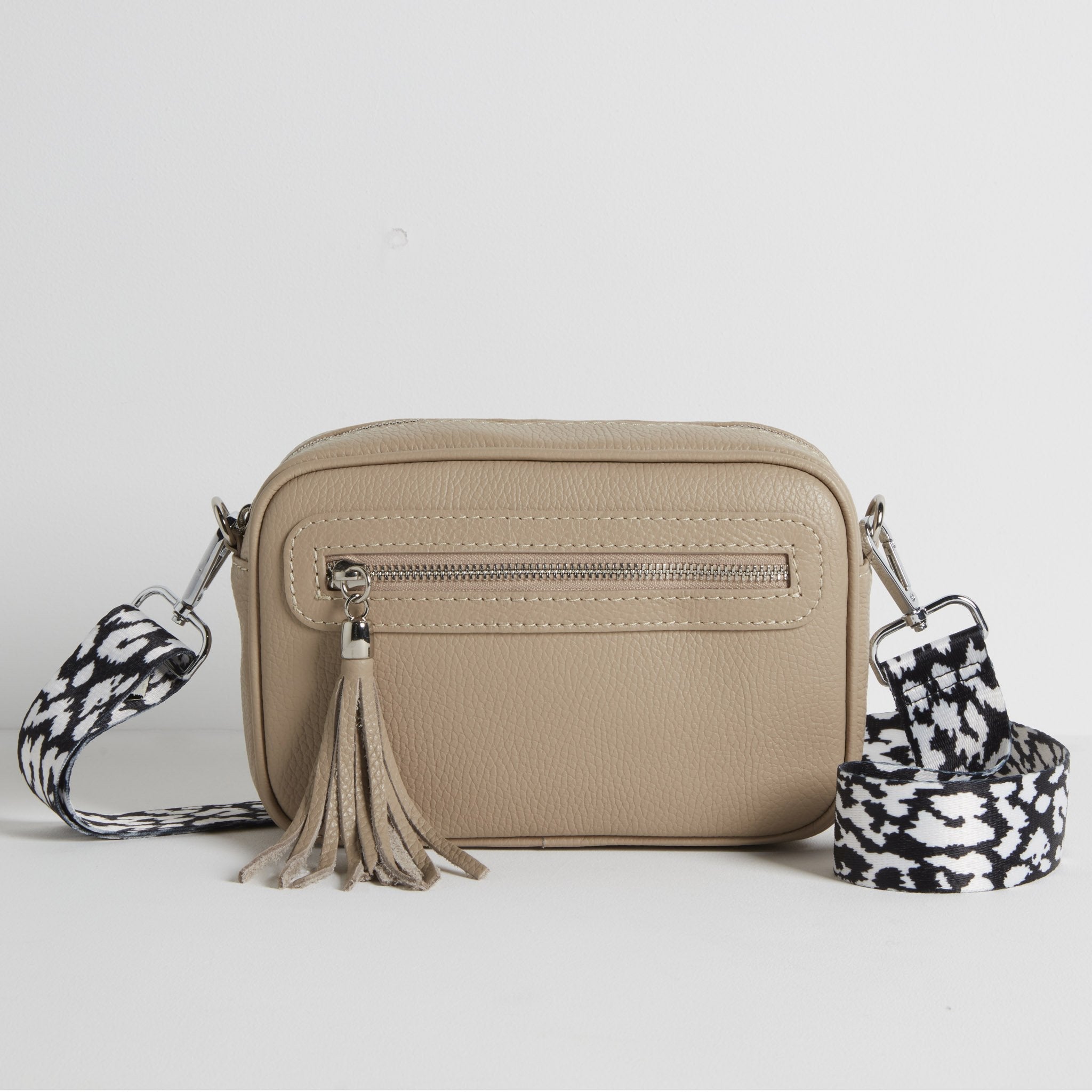 Florence Crossbody Bag in Beige with Black and White Leopard Print Strap Beige | Betsy & Floss