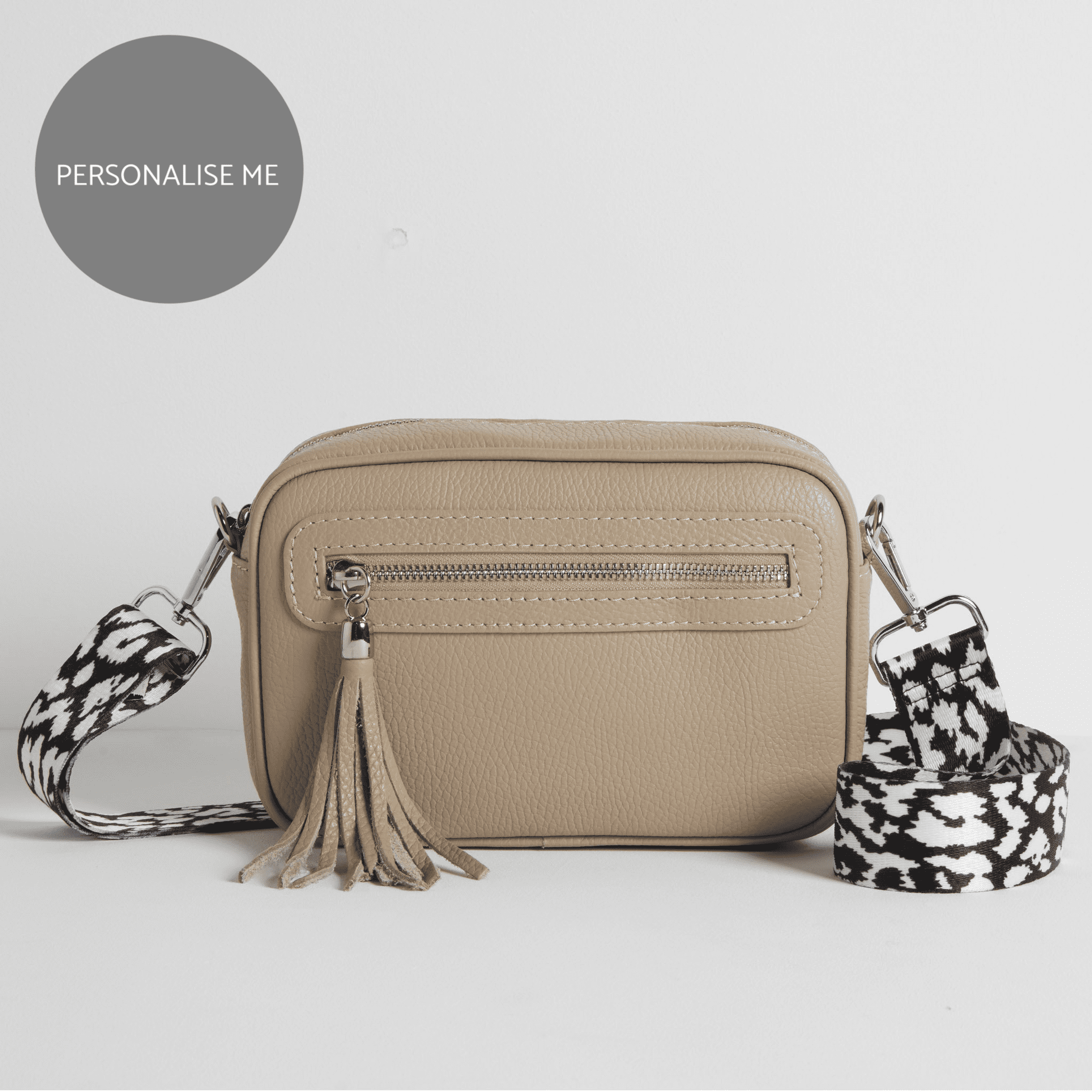 Florence Crossbody Bag in Beige with Black and White Leopard Print Strap Beige | Betsy & Floss