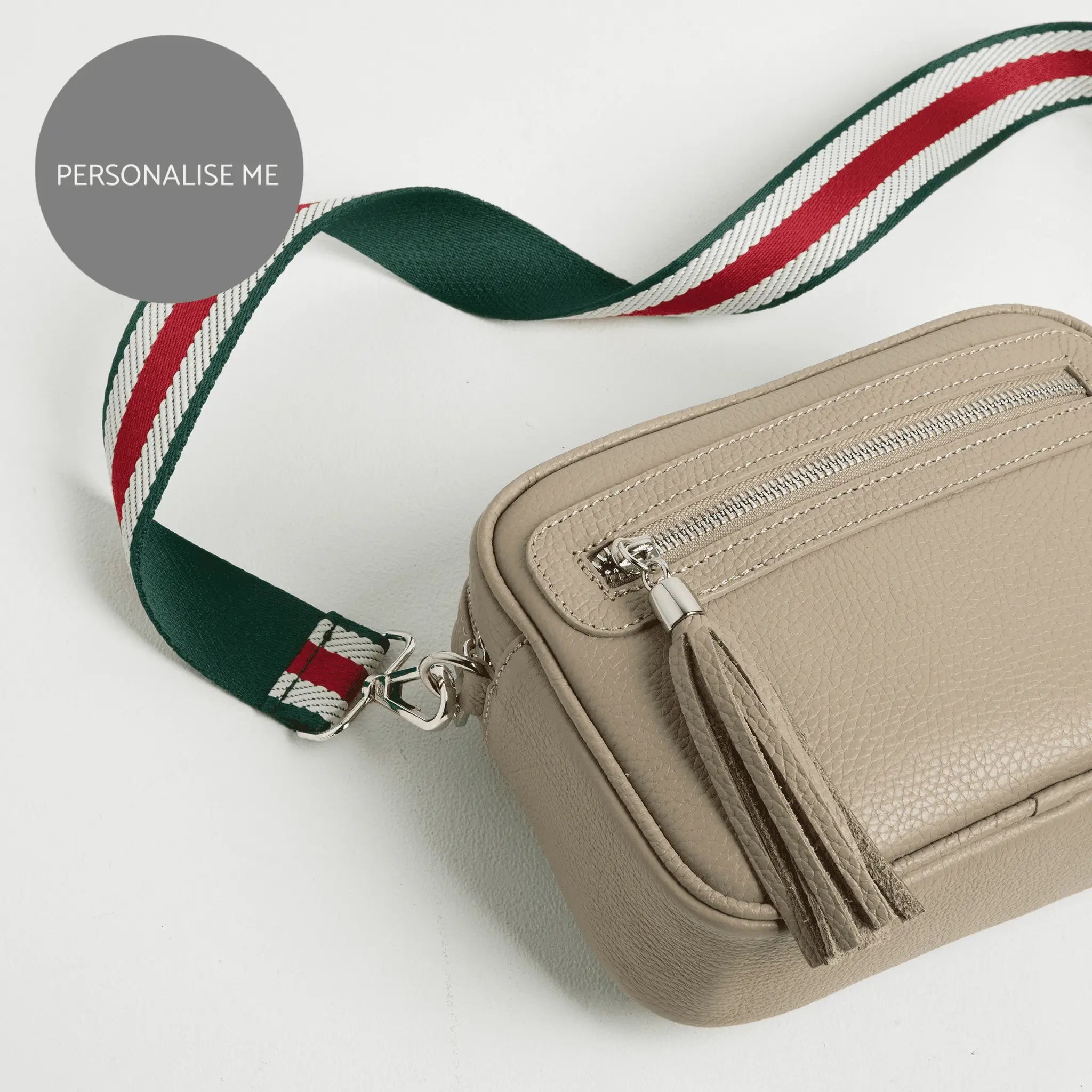 Florence Crossbody Bag in Beige with Green Stripe Strap | Betsy & Floss