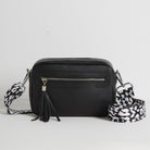 Florence Crossbody Bag in Black with Black and White Leopard Print Strap Black | Betsy & Floss