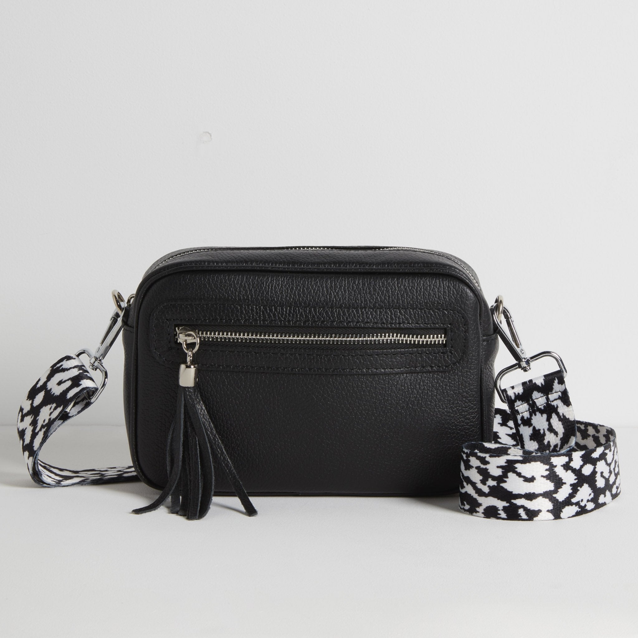 Crossbody Bag in Black w Dark Leopard Print Strap Betsy Floss Betsy Floss