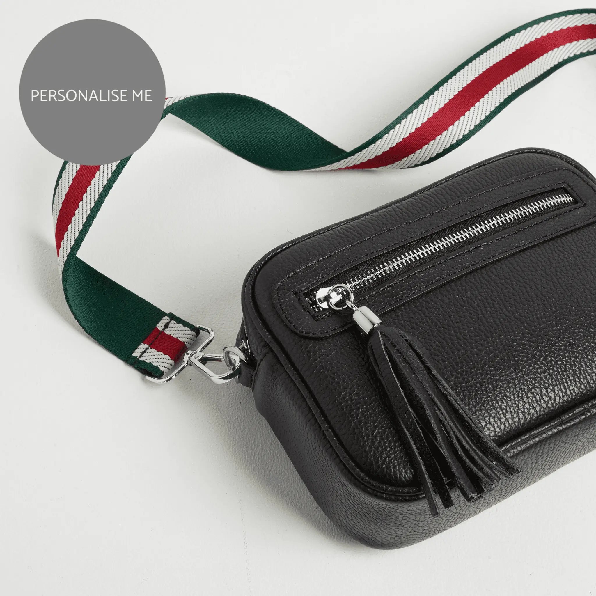 Florence Crossbody Bag in Black with Green Stripe Strap Black | Betsy & Floss