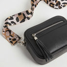 Florence Crossbody Bag in Black with Light Pink Leopard Print Strap Black | Betsy & Floss