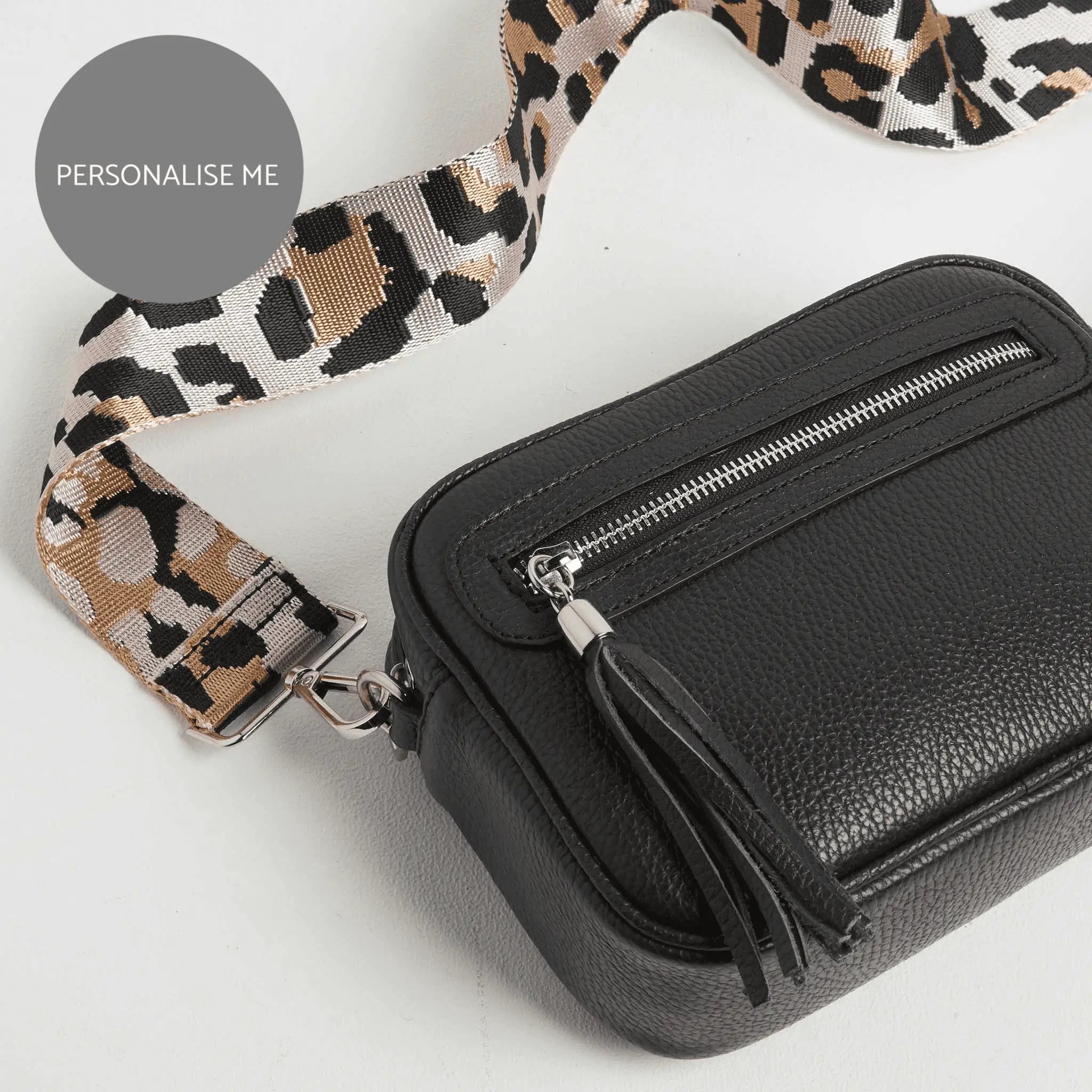 Florence Crossbody Bag in Black with Light Pink Leopard Print Strap Black | Betsy & Floss