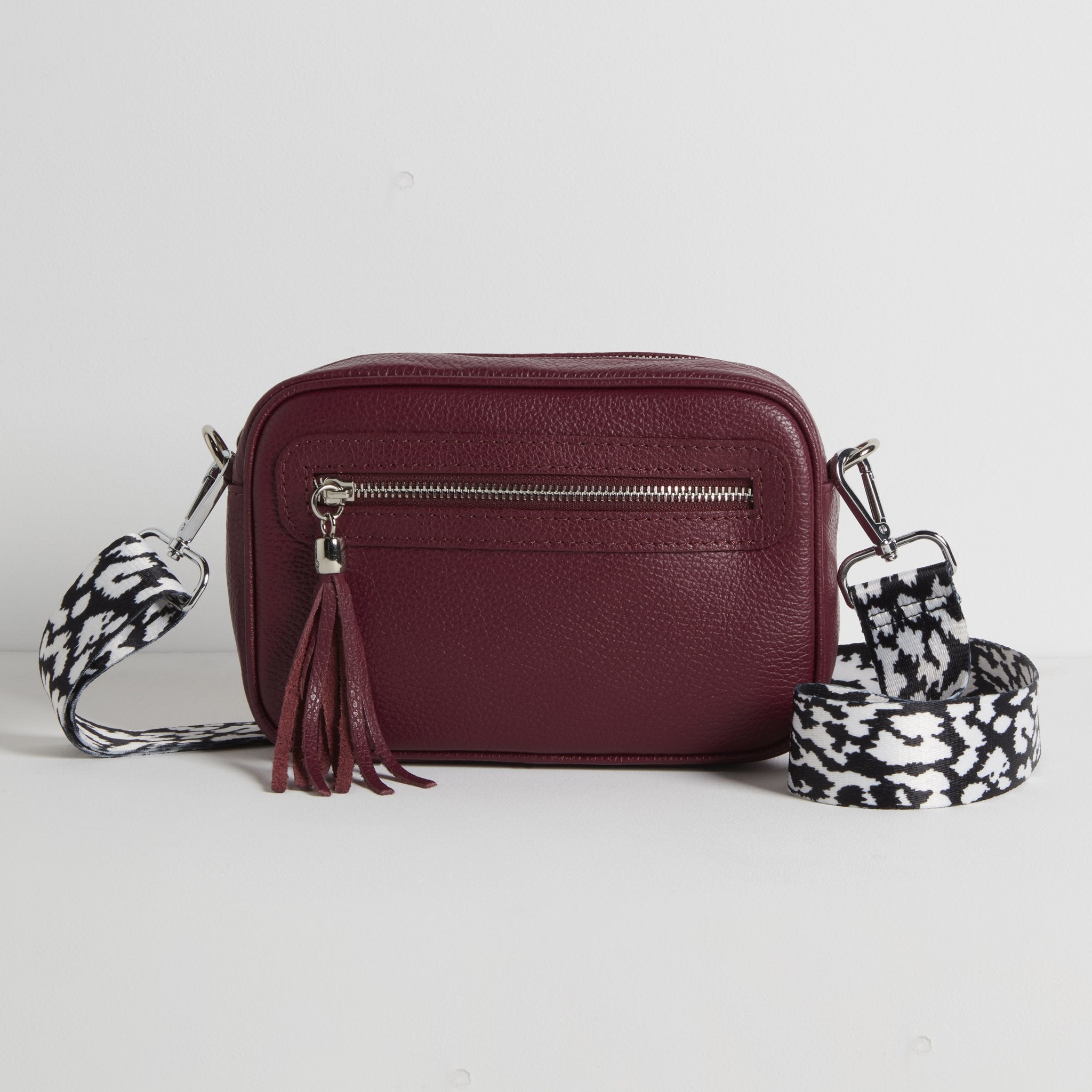 Florence Crossbody Bag in Burgundy with Black and White Leopard Strap | Betsy & Floss