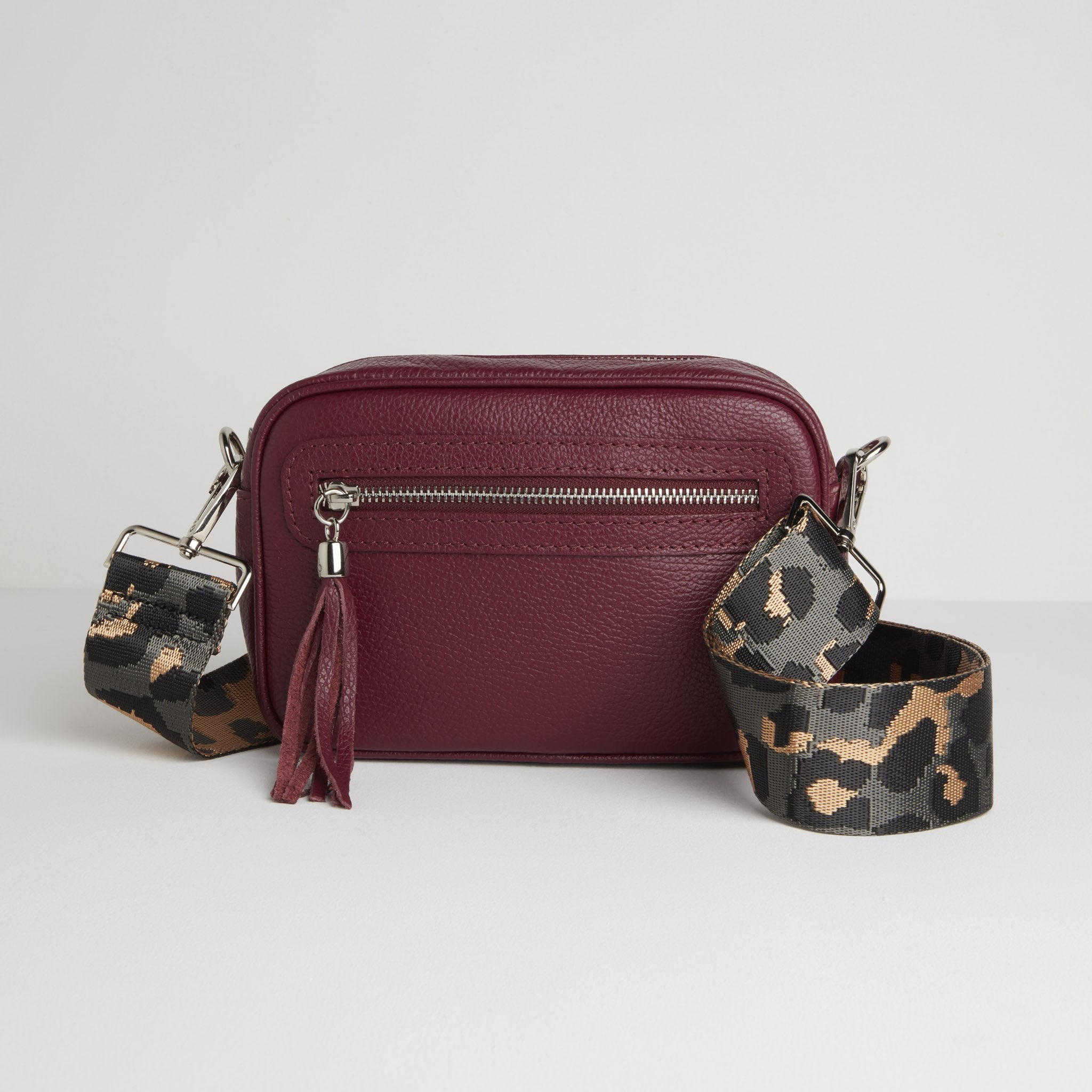 Florence Crossbody Bag in Burgundy with Dark Leopard Strap | Betsy & Floss