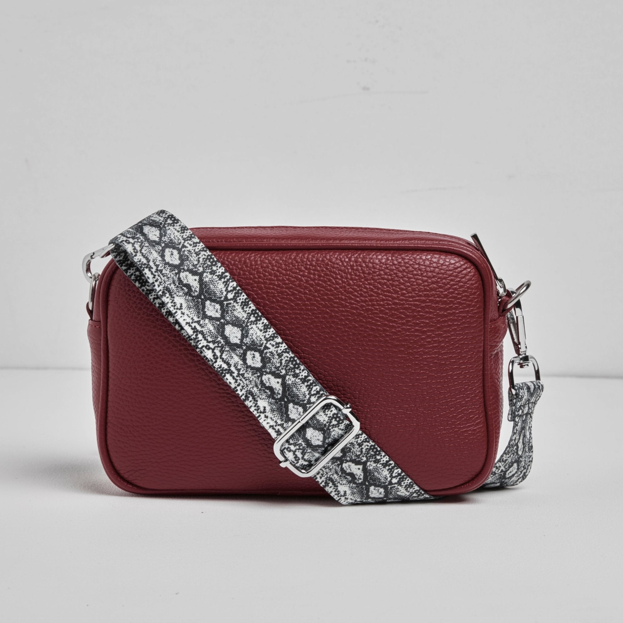 Florence Crossbody Bag in Burgundy with Snake Print Strap Burgundy | Betsy & Floss