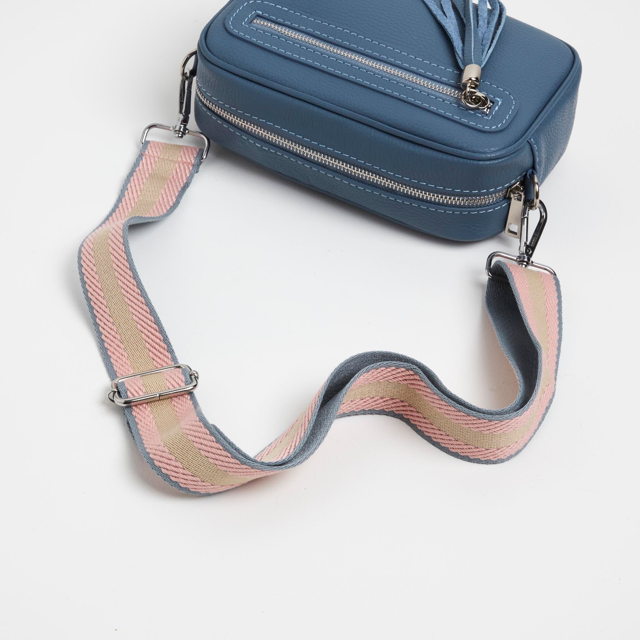 Florence Crossbody Bag in Denim Blue with Pastel Stripe Strap | Betsy & Floss