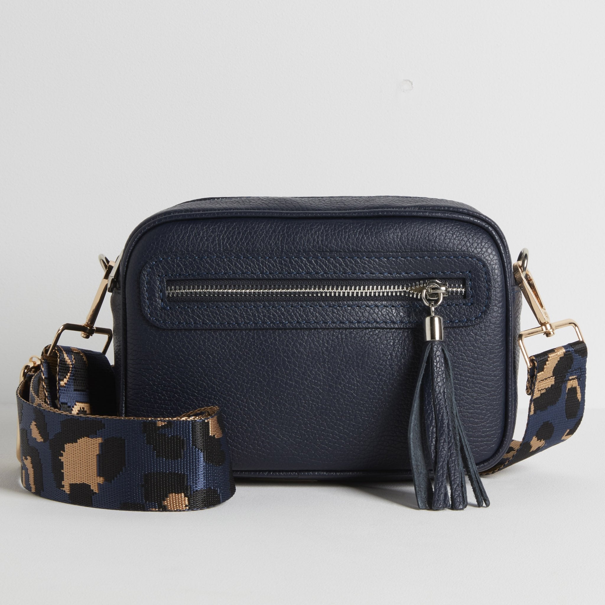 Florence Crossbody Bag in Navy with Blue Leopard Strap Navy Blue | Betsy & Floss