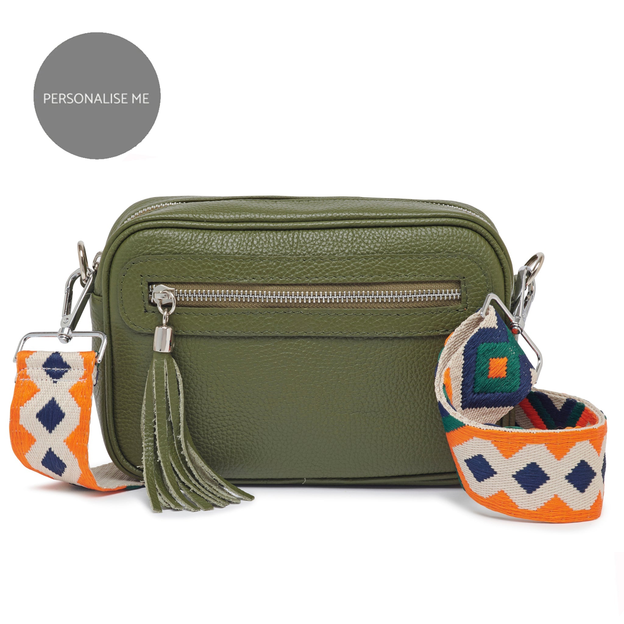 Florence - Crossbody Bag in Olive with Blue and Orange Bohemian Strap | Betsy & Floss