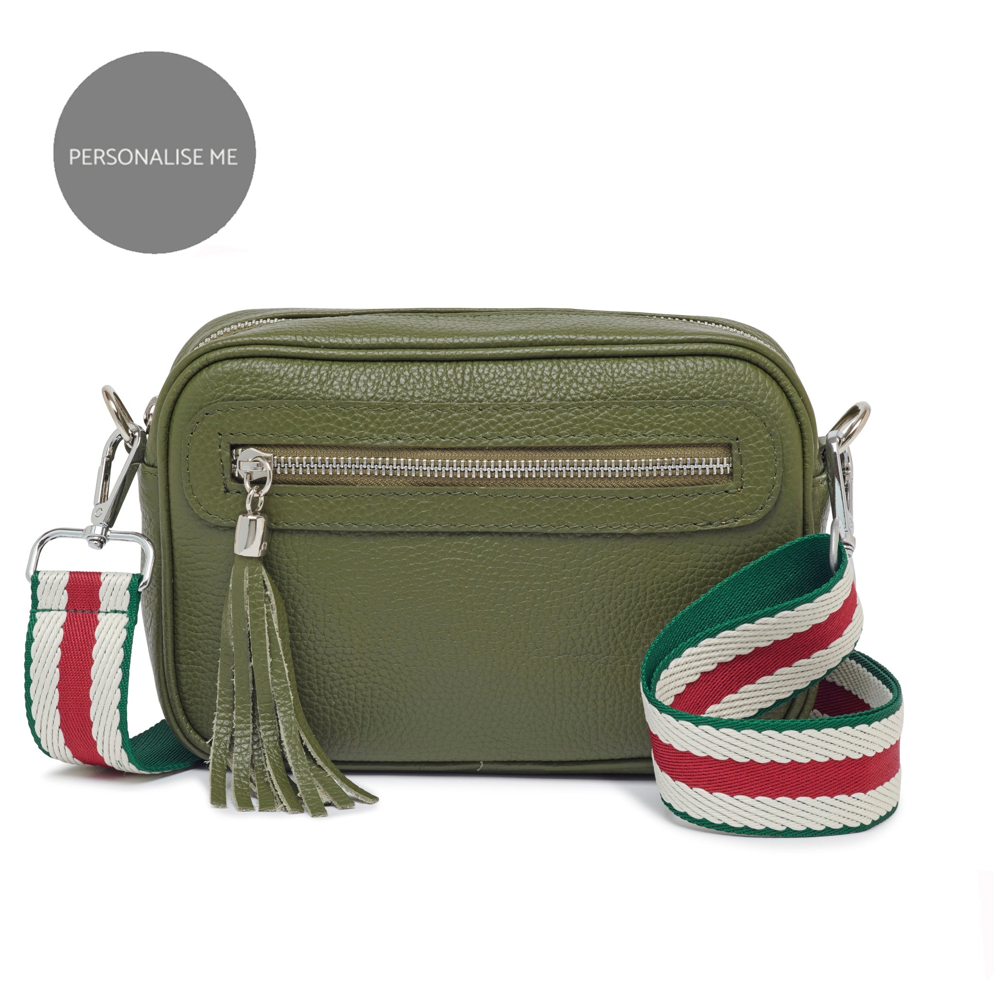 Florence - Crossbody Bag in Olive with Green Stripe Strap | Betsy & Floss