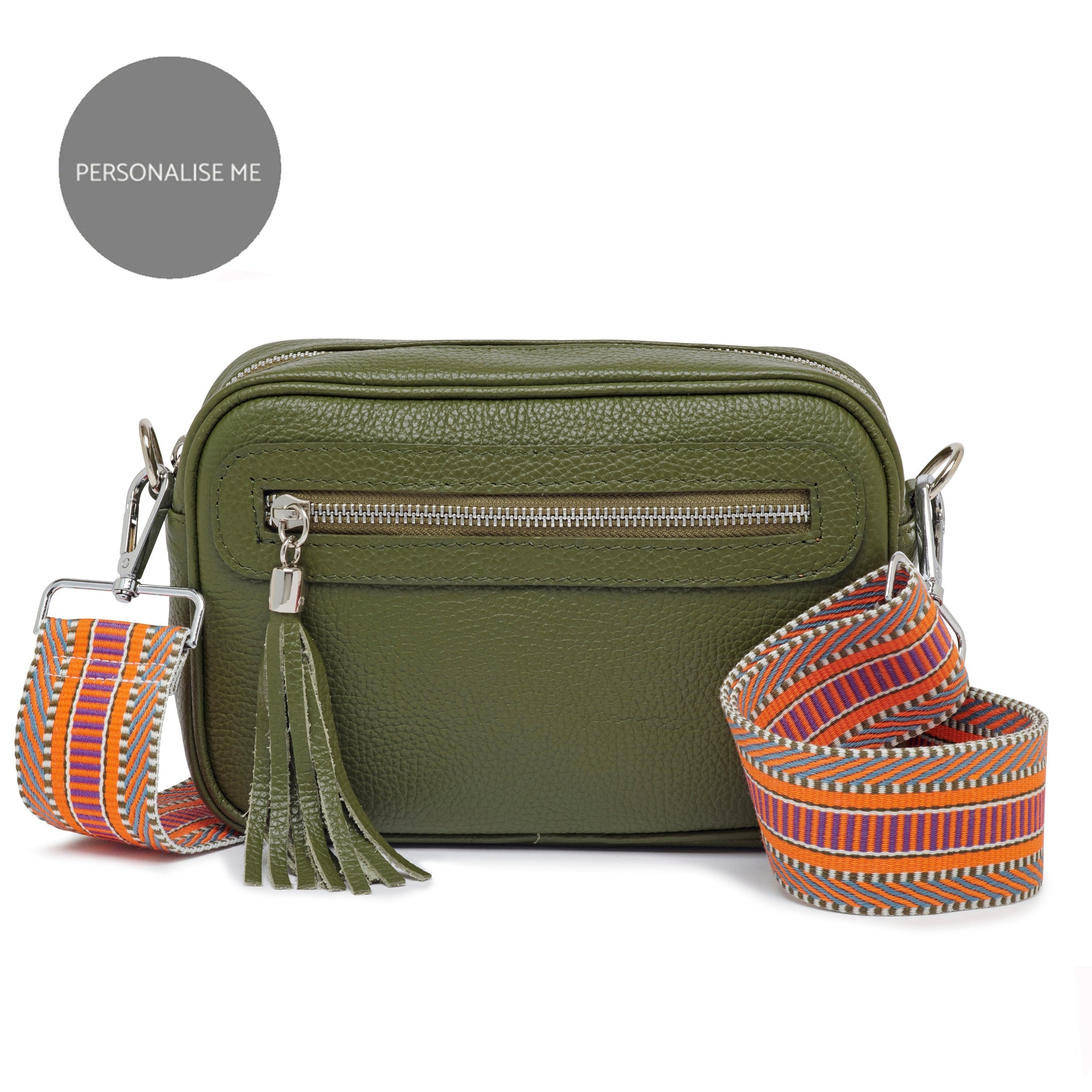 Florence - Crossbody Bag in Olive with Orange Aztec Strap | Betsy & Floss