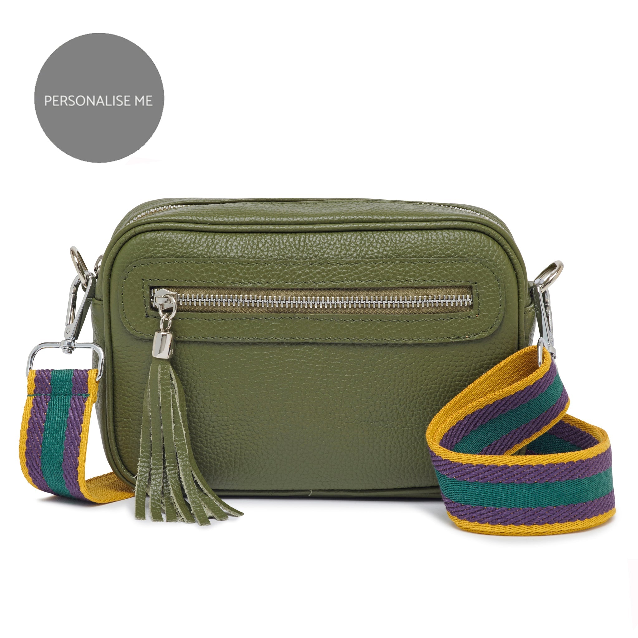 Florence - Crossbody Bag in Olive with Purple Stripe Strap | Betsy & Floss