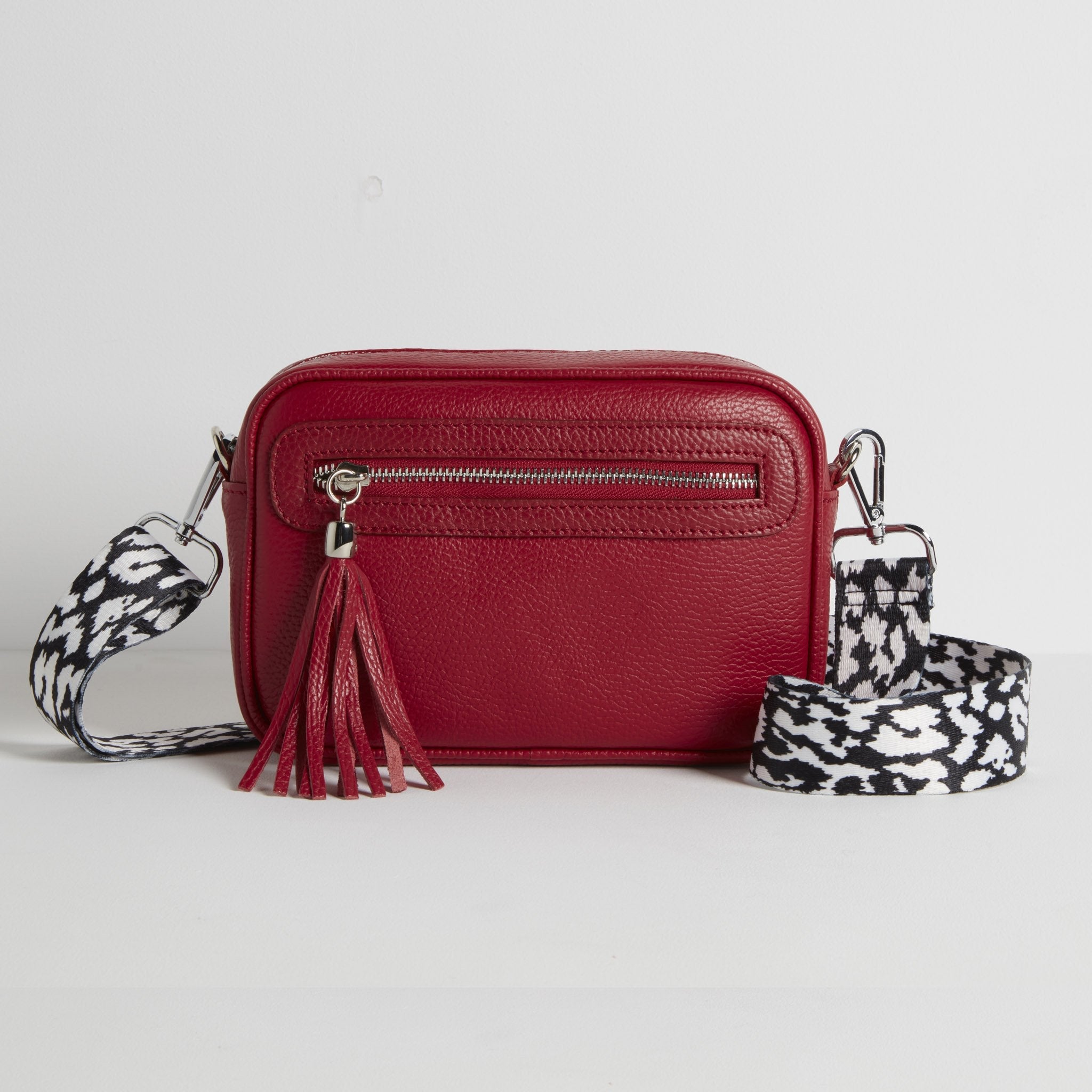 Florence Crossbody Bag in Red with Black and White Leopard Strap Red | Betsy & Floss